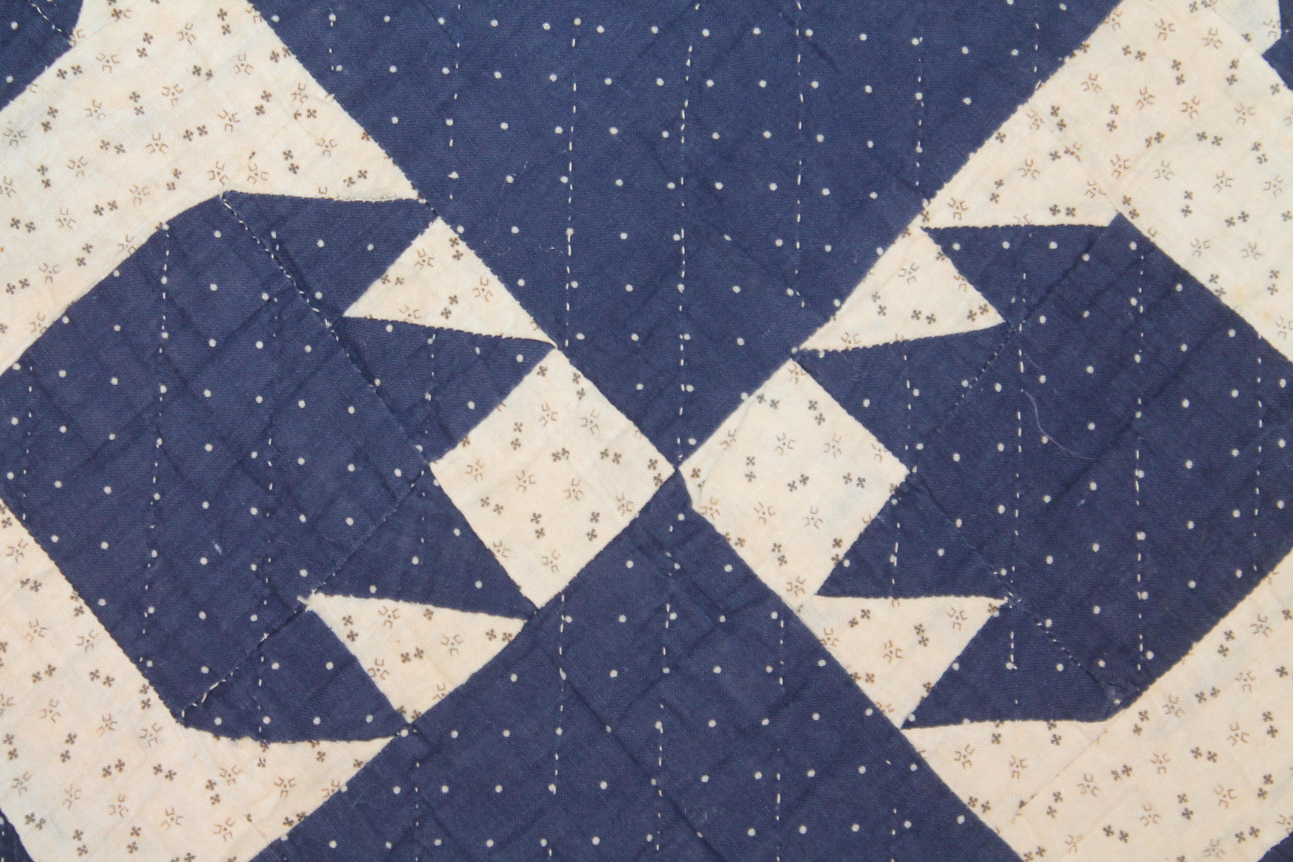 Hand-Crafted Antique Indigo Blue Quilt in Bear Paw Pattern For Sale