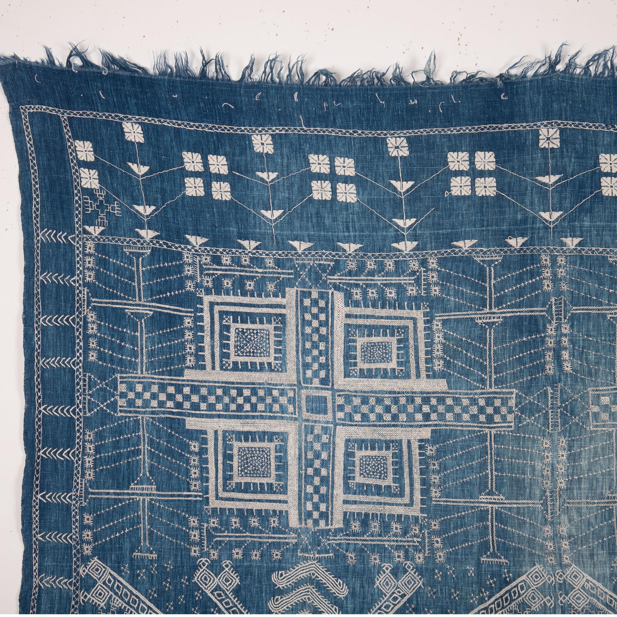 Tribal Antique Indigo Embroidered Shawl from Gujarat, India, Early 20th Century