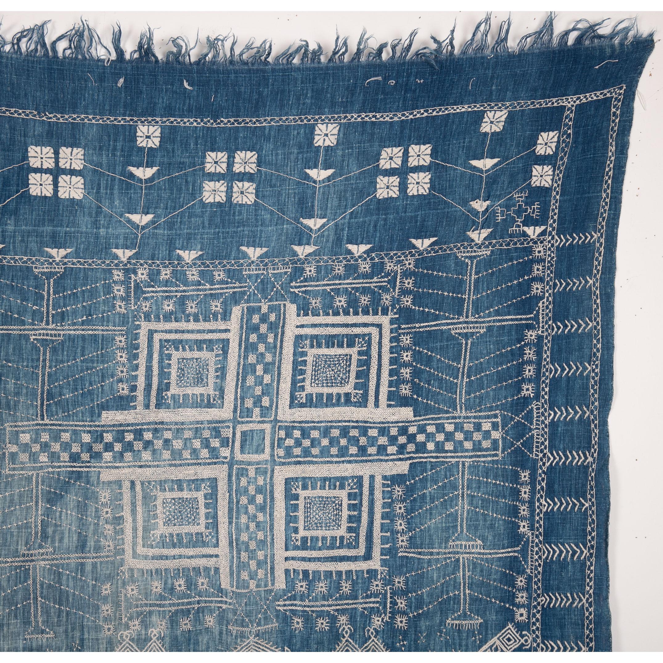 Indian Antique Indigo Embroidered Shawl from Gujarat, India, Early 20th Century