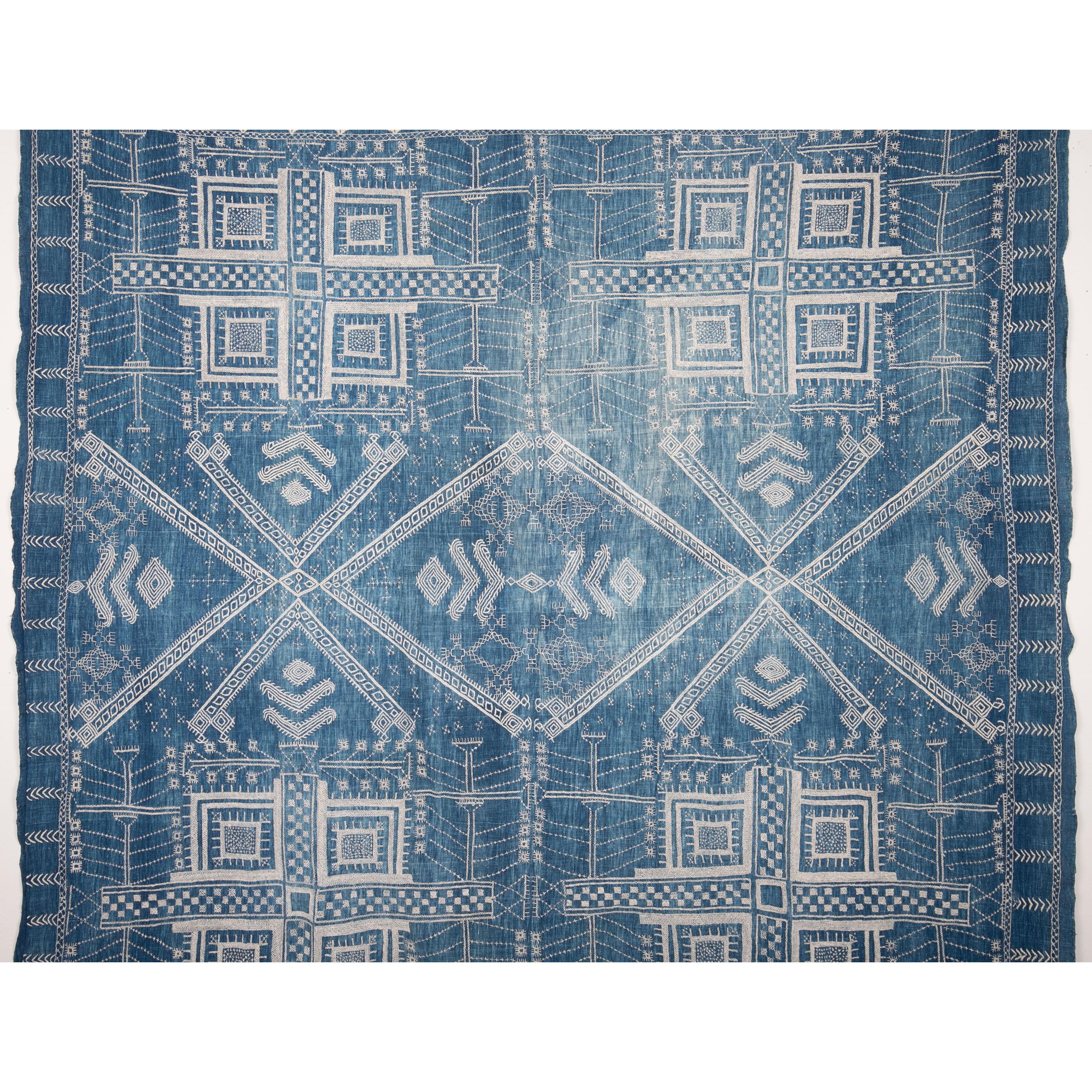 Cotton Antique Indigo Embroidered Shawl from Gujarat, India, Early 20th Century