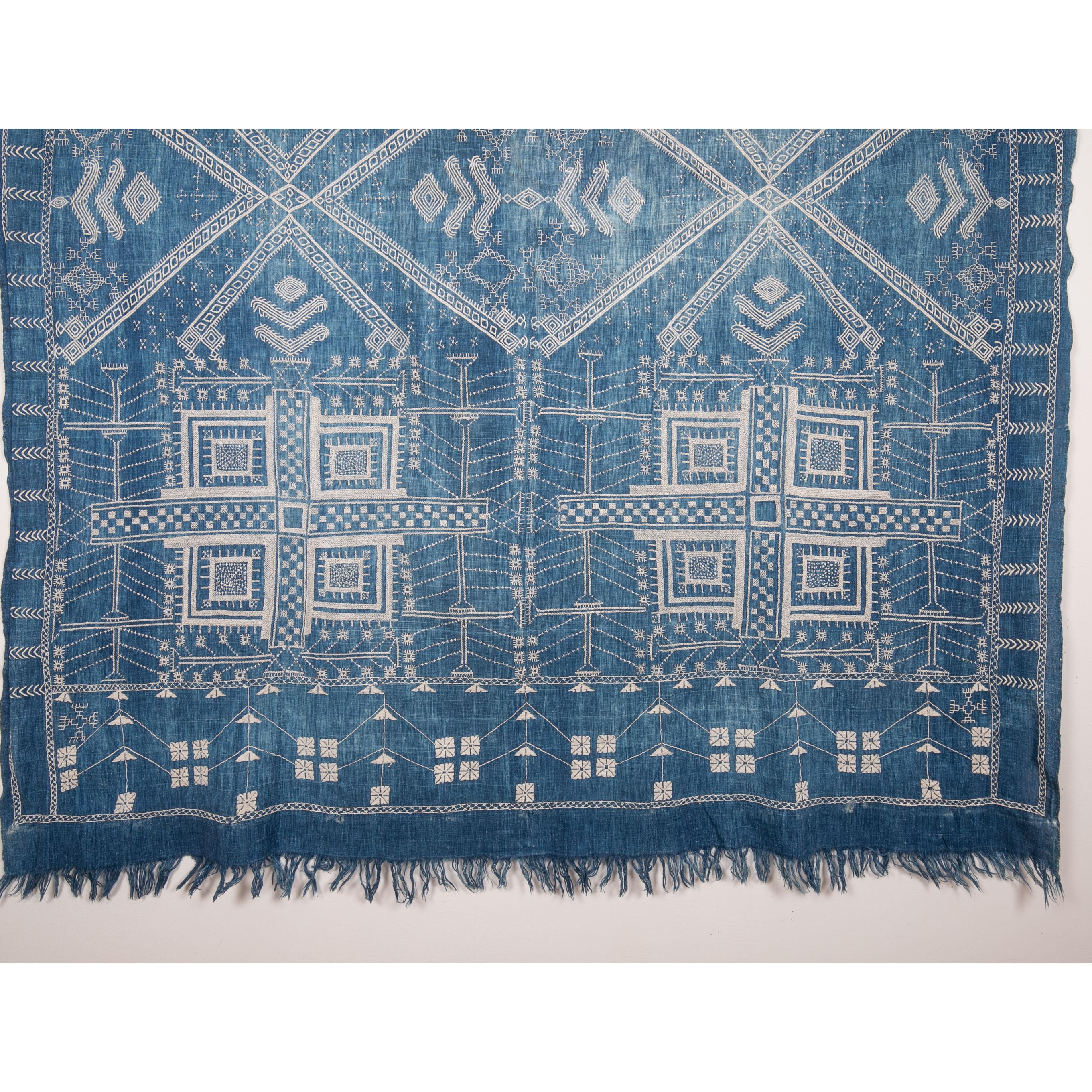 Antique Indigo Embroidered Shawl from Gujarat, India, Early 20th Century 1