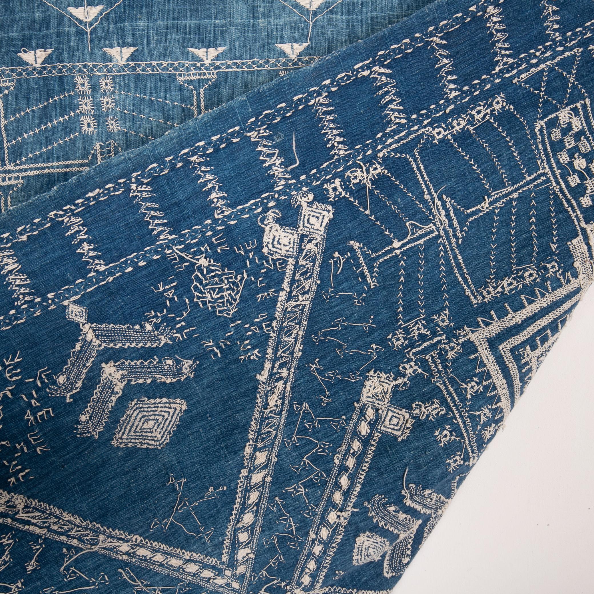 Antique Indigo Embroidered Shawl from Gujarat, India, Early 20th Century 2