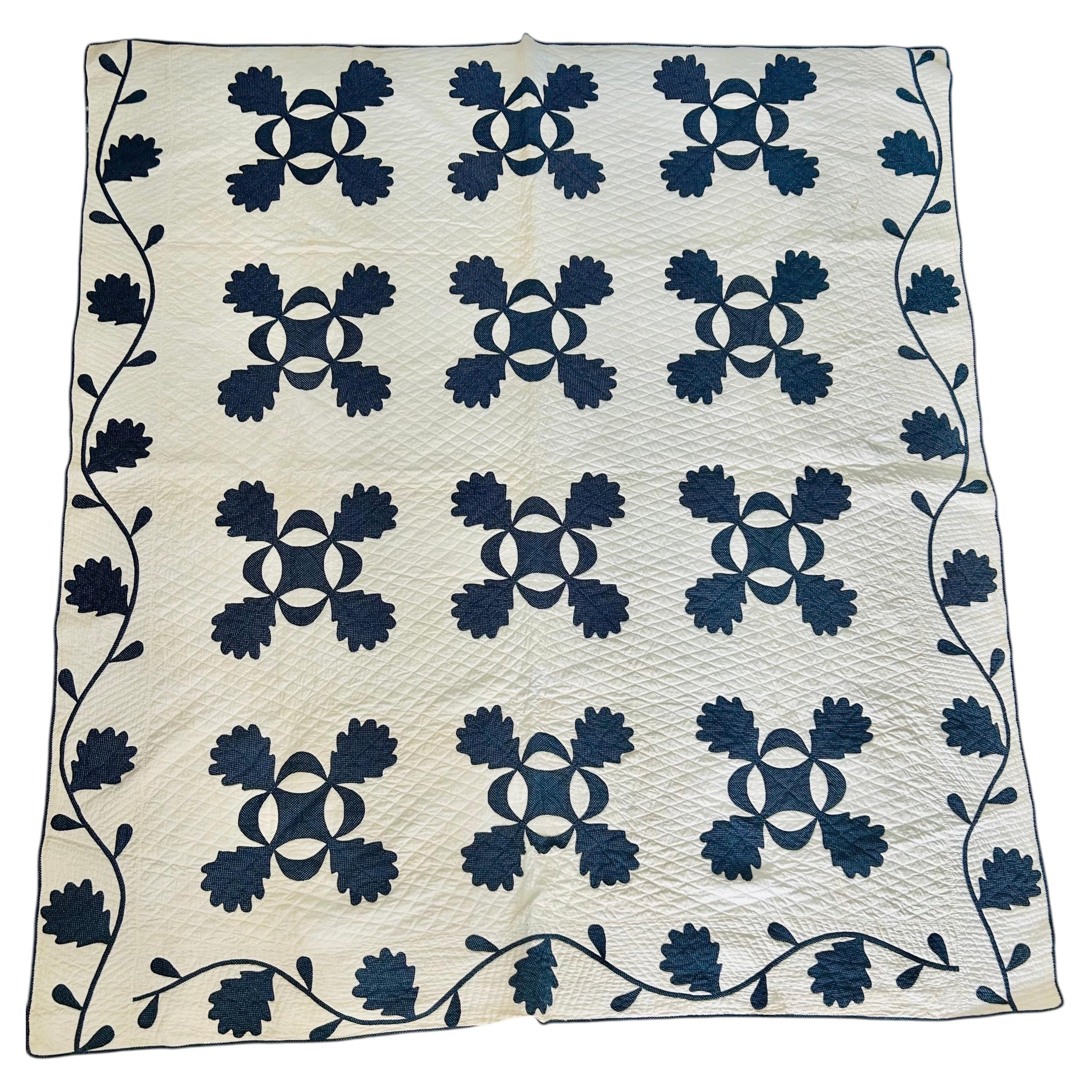 Antique Indigo & White Hickory Leaf Appliqué Quilt, c. 1885–1895