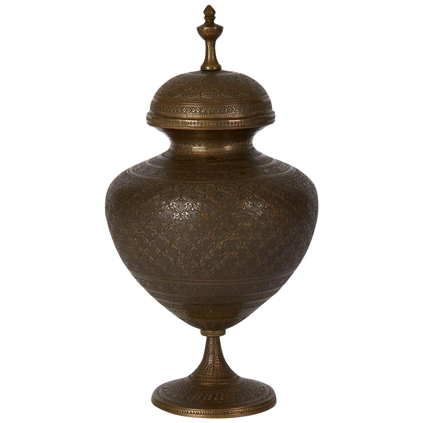 Antique Indo Persian Bronze Lidded Pedestal Vase, 19th Century For Sale