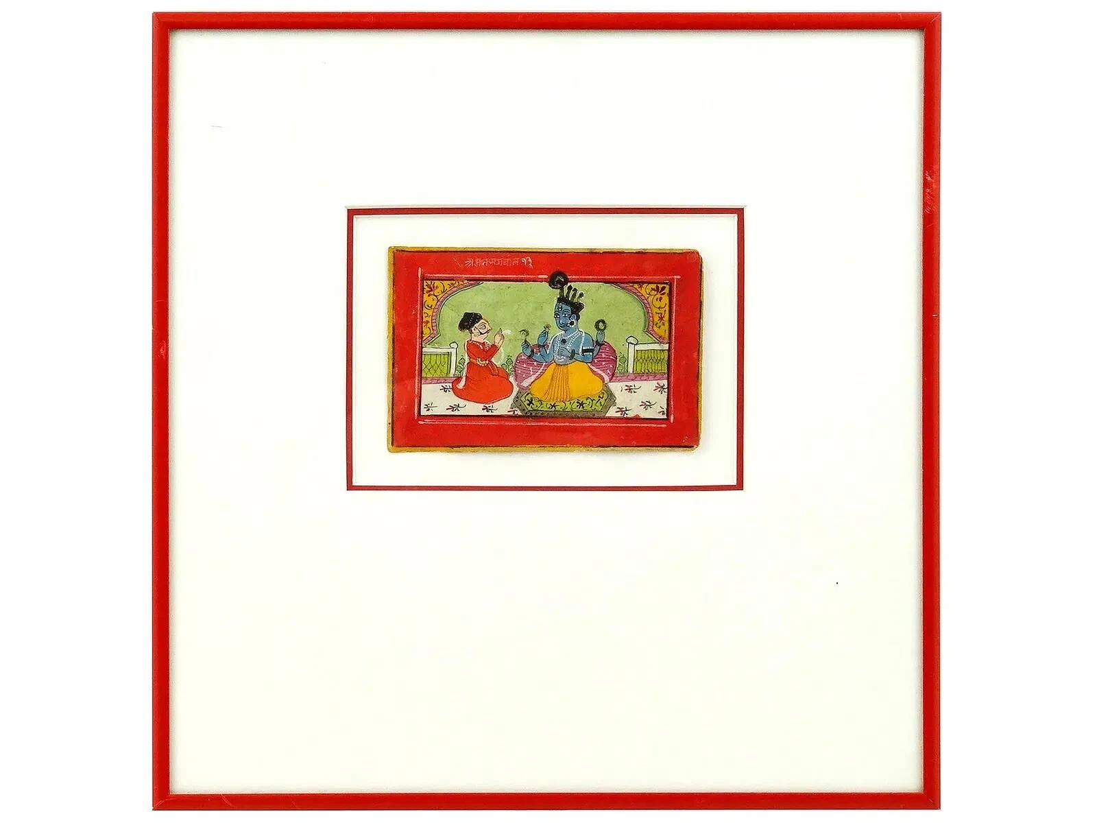 Ancienne peinture miniature sur papier de l'art moghol indo-persan représentant une scène de cour avec Vishnu et Maharaja, peinte dans des couleurs vives et avec de fins détails, et des accents dorés. Inscrit en calligraphie, en haut à gauche. 