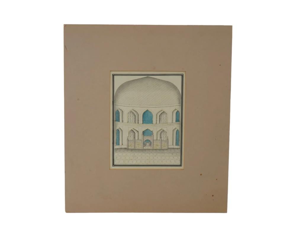An antique Indo Persian Mughal Art miniature gouache painting on antique manuscript leaf depicting an architectural building with fine details. Circa: late 18th century to early 19th century. Framed. Antique Miniature Persian Paintings, Wall Art,