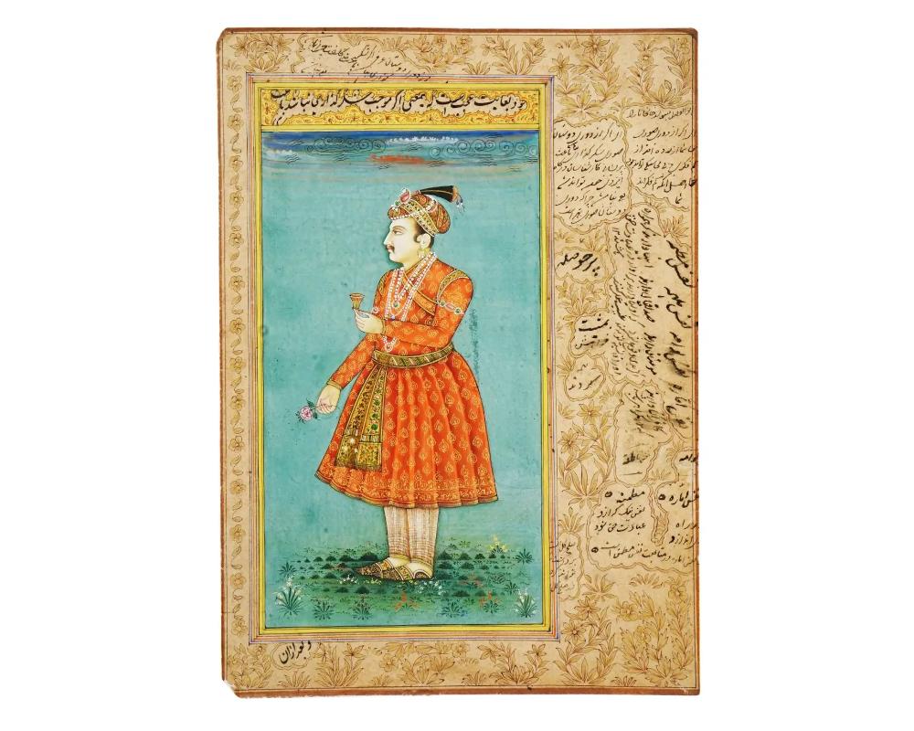 A miniature Indo Persian Mughal Art watercolor painting on antique manuscript leaf depicting a portrait of a Royal person, probably Jahangir, the fourth Mughal emperor, facing to the left, in the foreground the figure stands on a green ground on