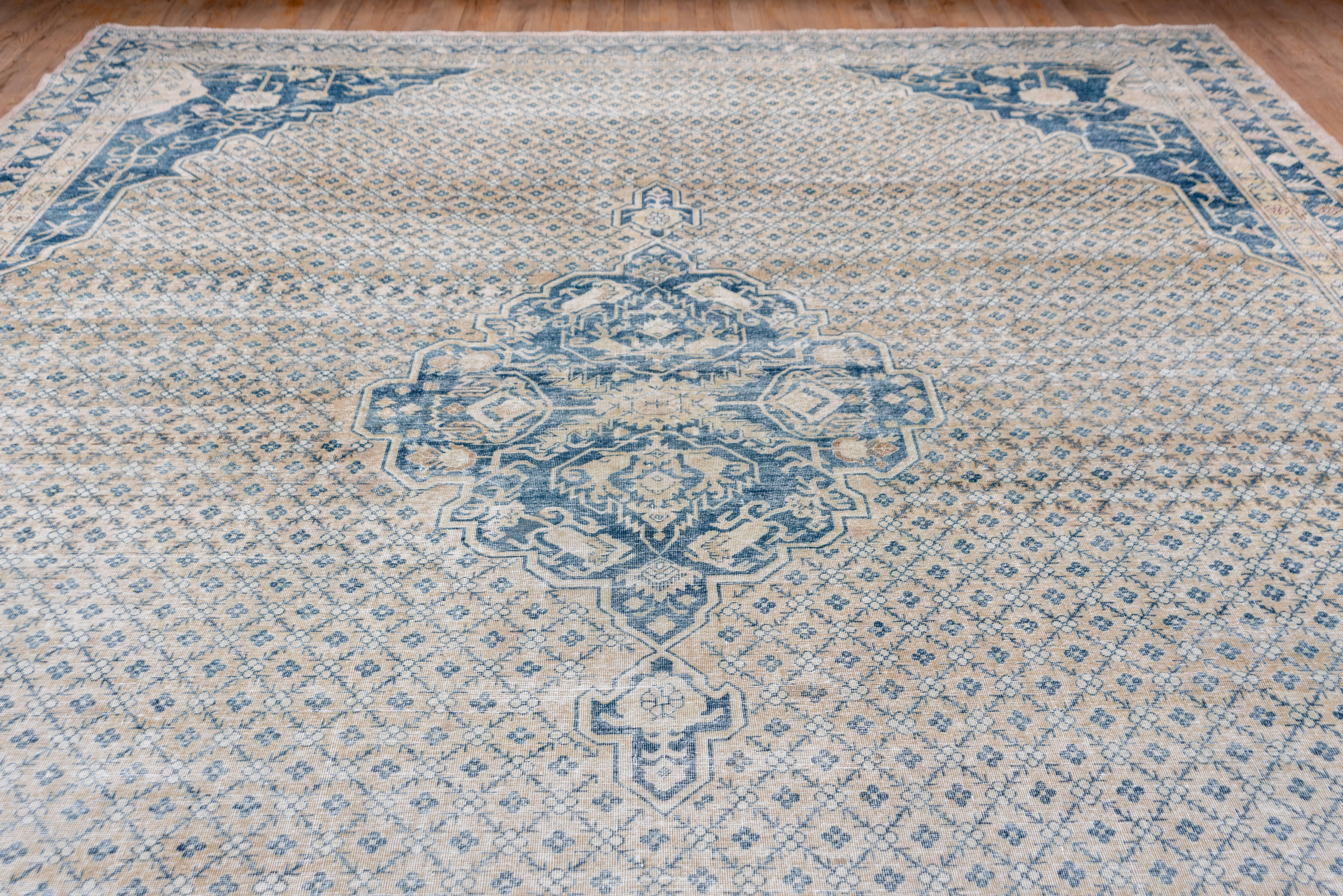This unusual west Persian carpet has an essentially bitonal character with a central scalloped ogival blue medallion set on a small lattice field with diminutive four petal rosettes. The en suite to the medallion corners have a bold vinery and