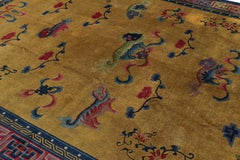Antique Indochinese Art Deco Rug in Gold with Kirin Pictorials, from Rug & Kilim