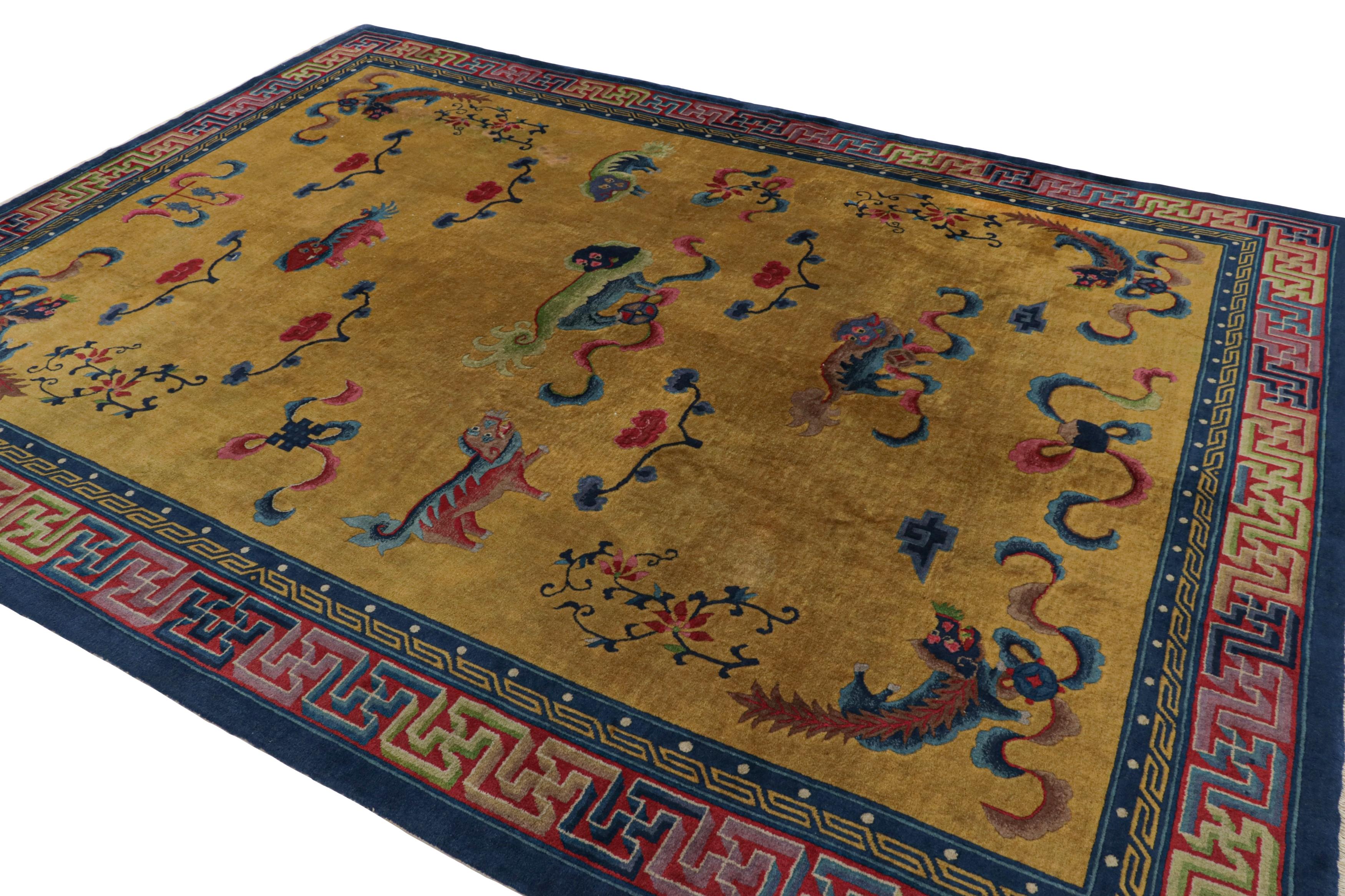 Chinese Antique Indochinese Art Deco Rug in Gold with Kirin Pictorials, from Rug & Kilim For Sale