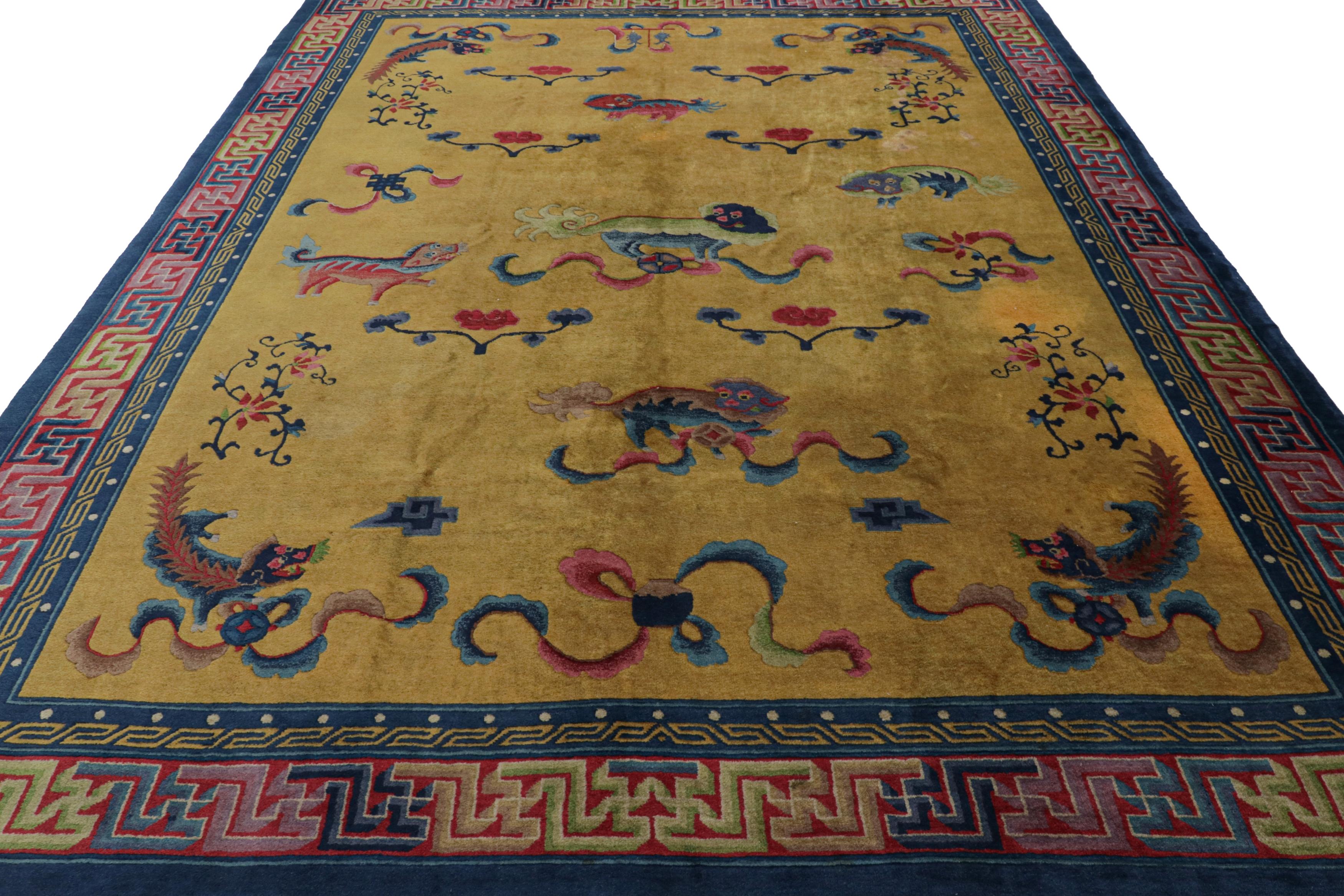 Hand-Knotted Antique Indochinese Art Deco Rug in Gold with Kirin Pictorials, from Rug & Kilim For Sale