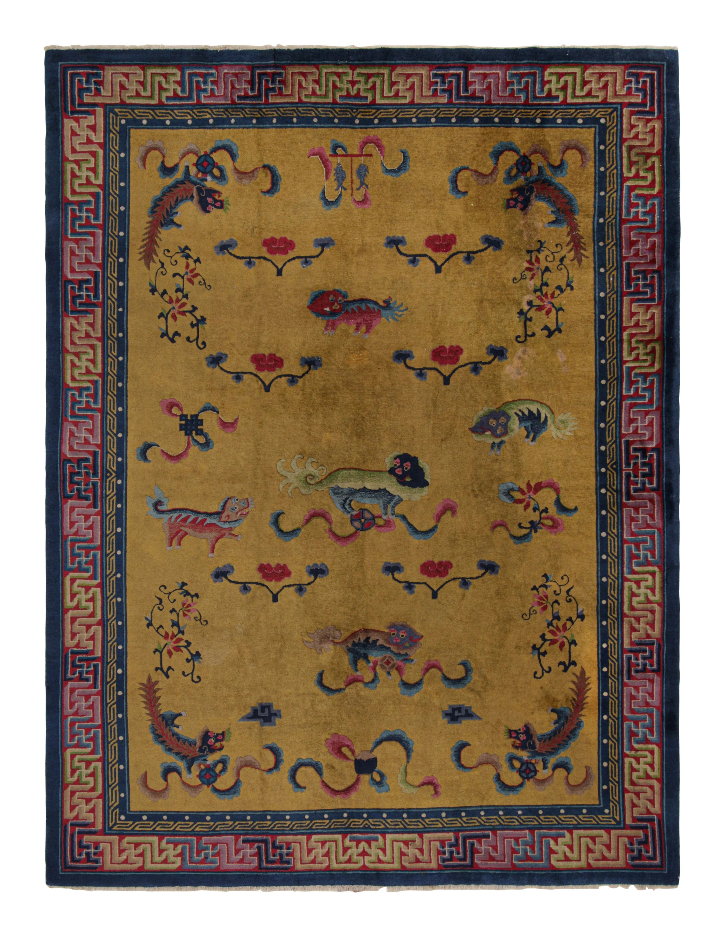 Antique Indochinese Art Deco Rug in Gold with Kirin Pictorials, from Rug & Kilim For Sale