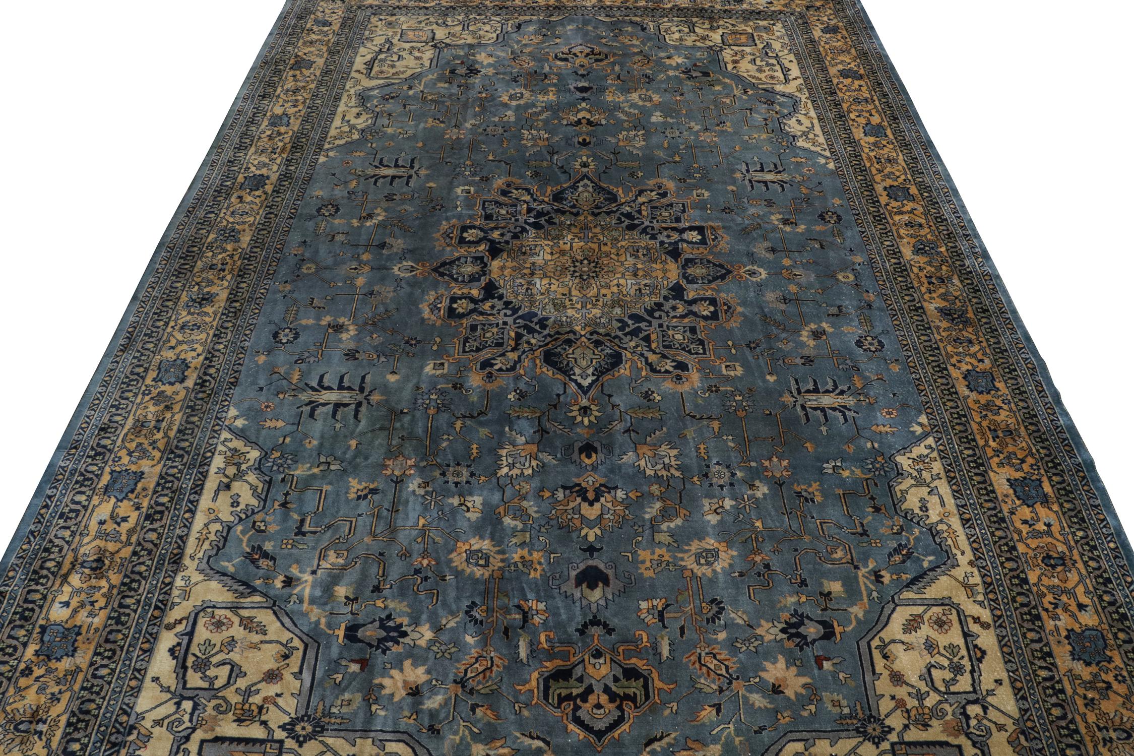 An antique 14x22 Indochinese Samarkand rug, hand-knotted in wool circa 1880-1890.

Further On the Design:

This antique piece is a royal selection that enjoys patterns in incredibly rare blue and gold deliciously punctuated by brown in its arresting
