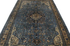Antique Indochinese Samarkand rug in Blue with Gold Medallion - by Rug & Kilim