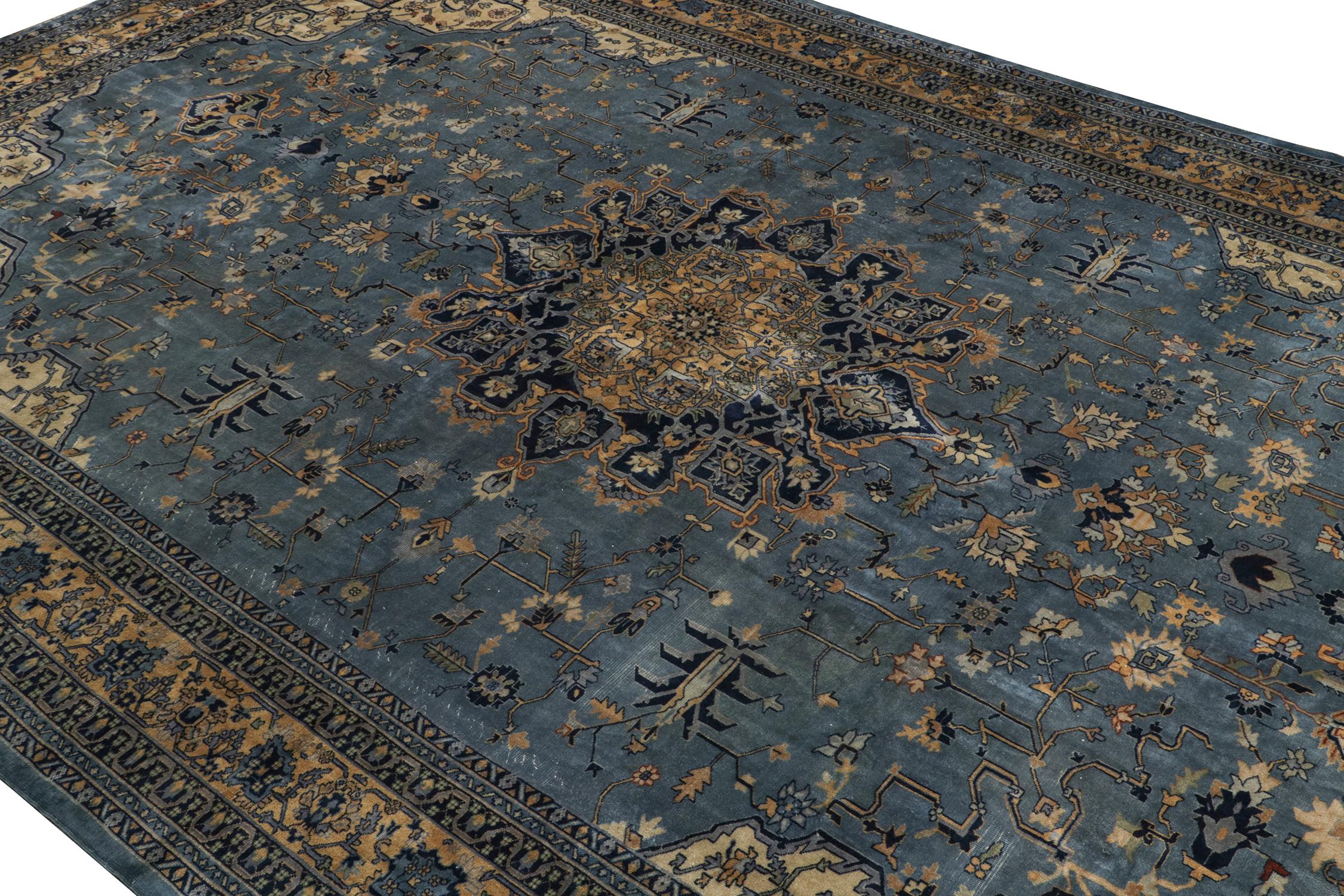 Hand-Knotted Antique Indochinese Samarkand rug in Blue with Gold Medallion - by Rug & Kilim For Sale