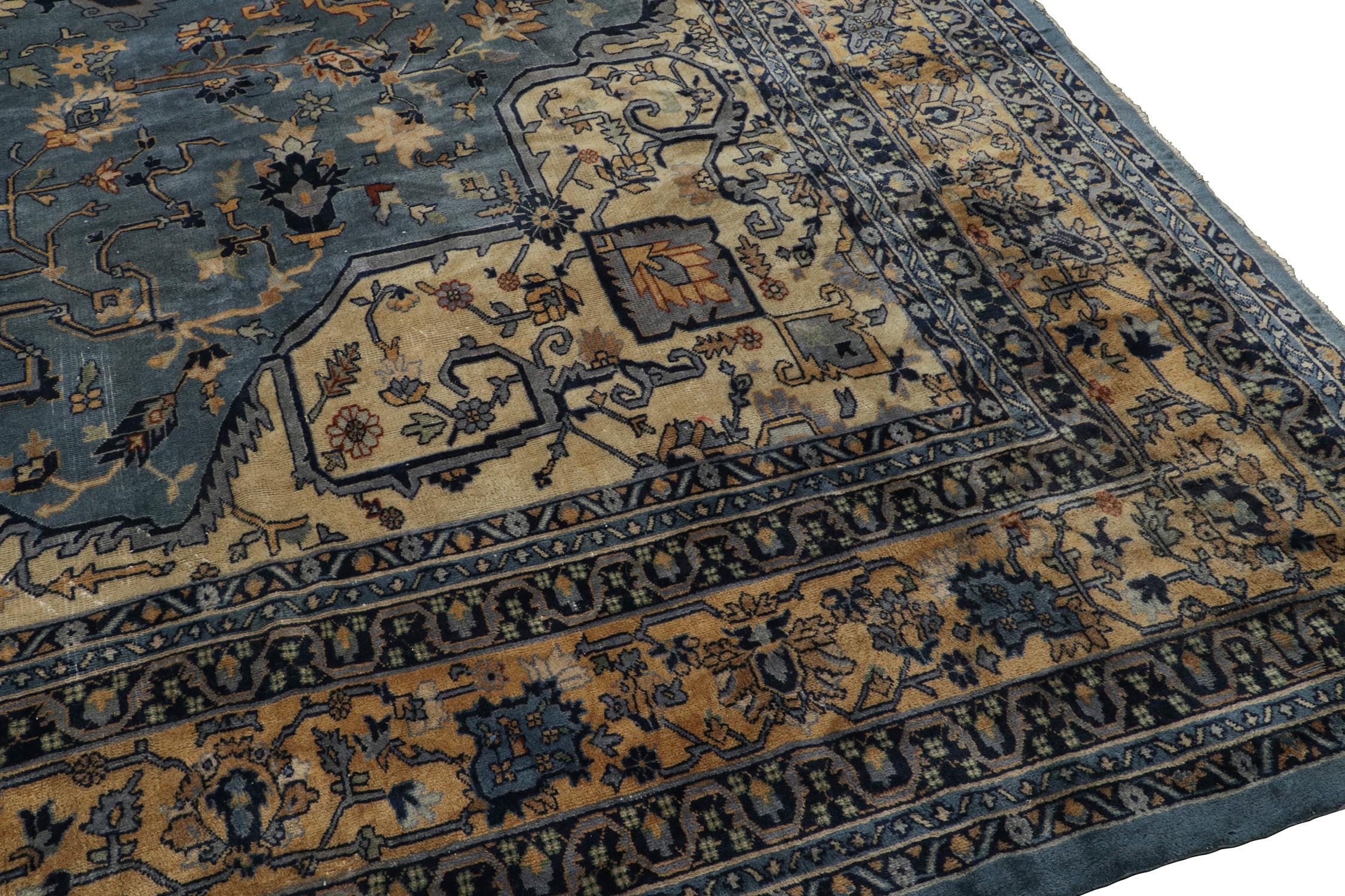 Antique Indochinese Samarkand rug in Blue with Gold Medallion - by Rug & Kilim In Good Condition For Sale In Long Island City, NY