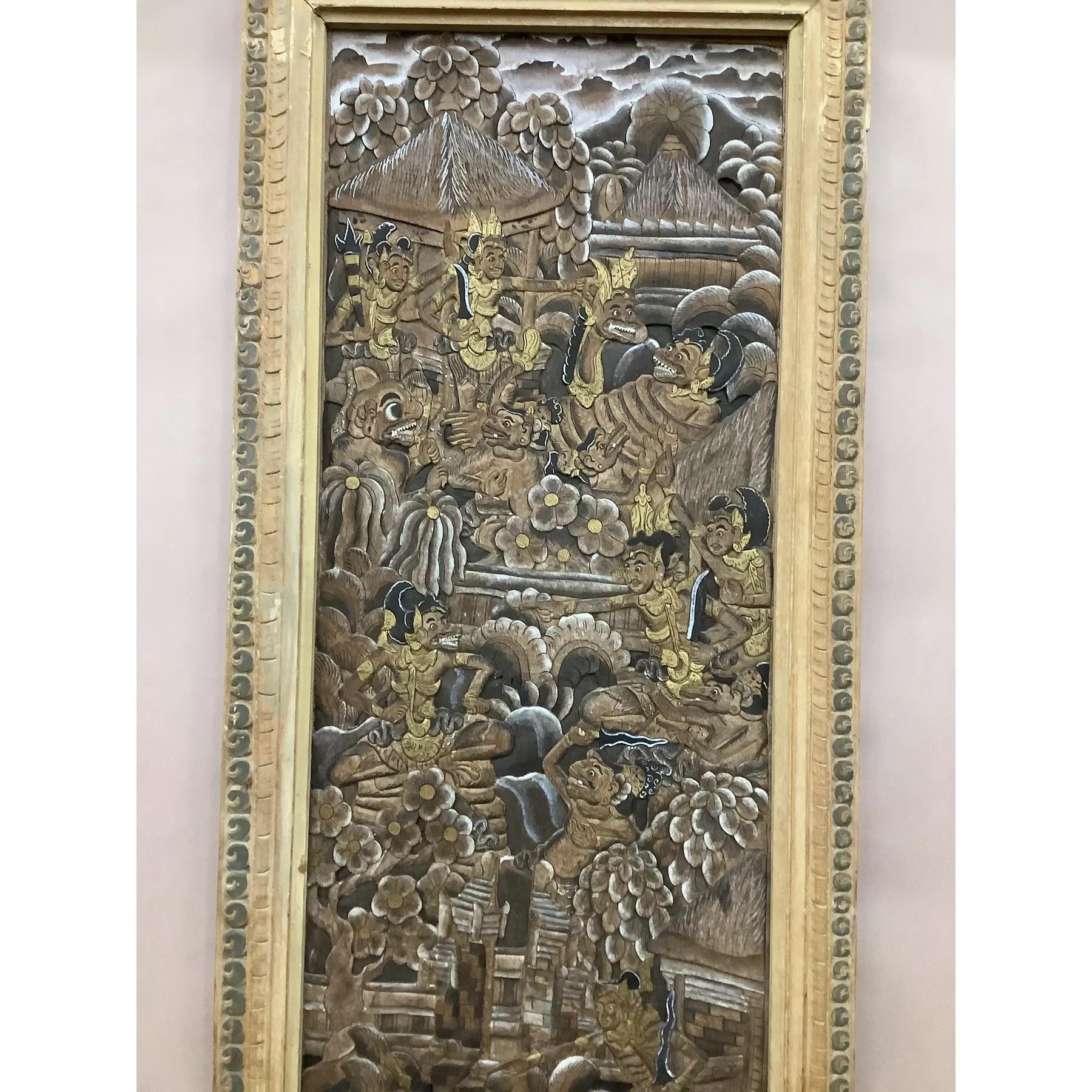 Antique Indonesian 4 Panel  Carved Painted and Giltwood Screen or Room Divider In Good Condition For Sale In Chapel Hill, NC