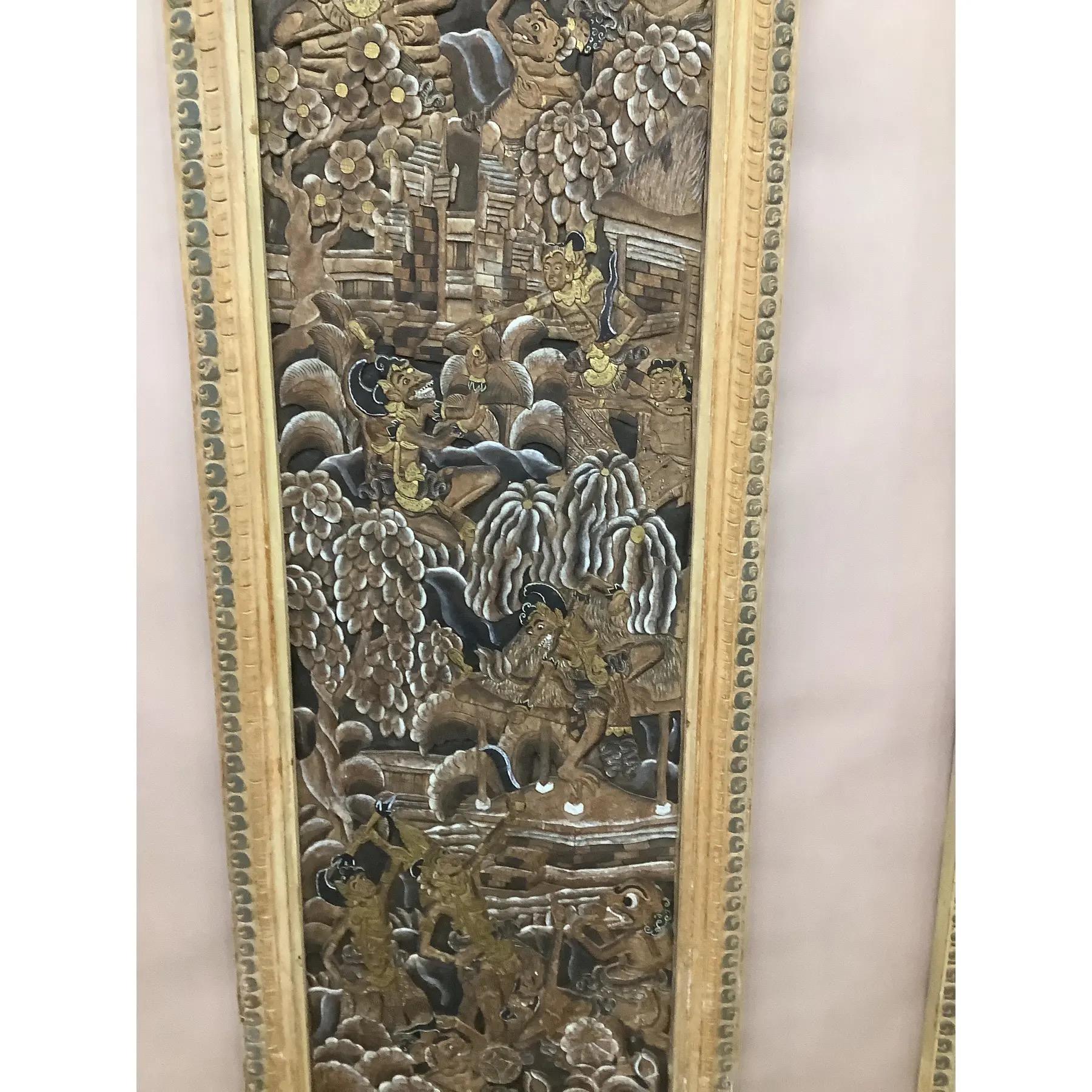 Early 20th Century Antique Indonesian 4 Panel  Carved Painted and Giltwood Screen or Room Divider For Sale