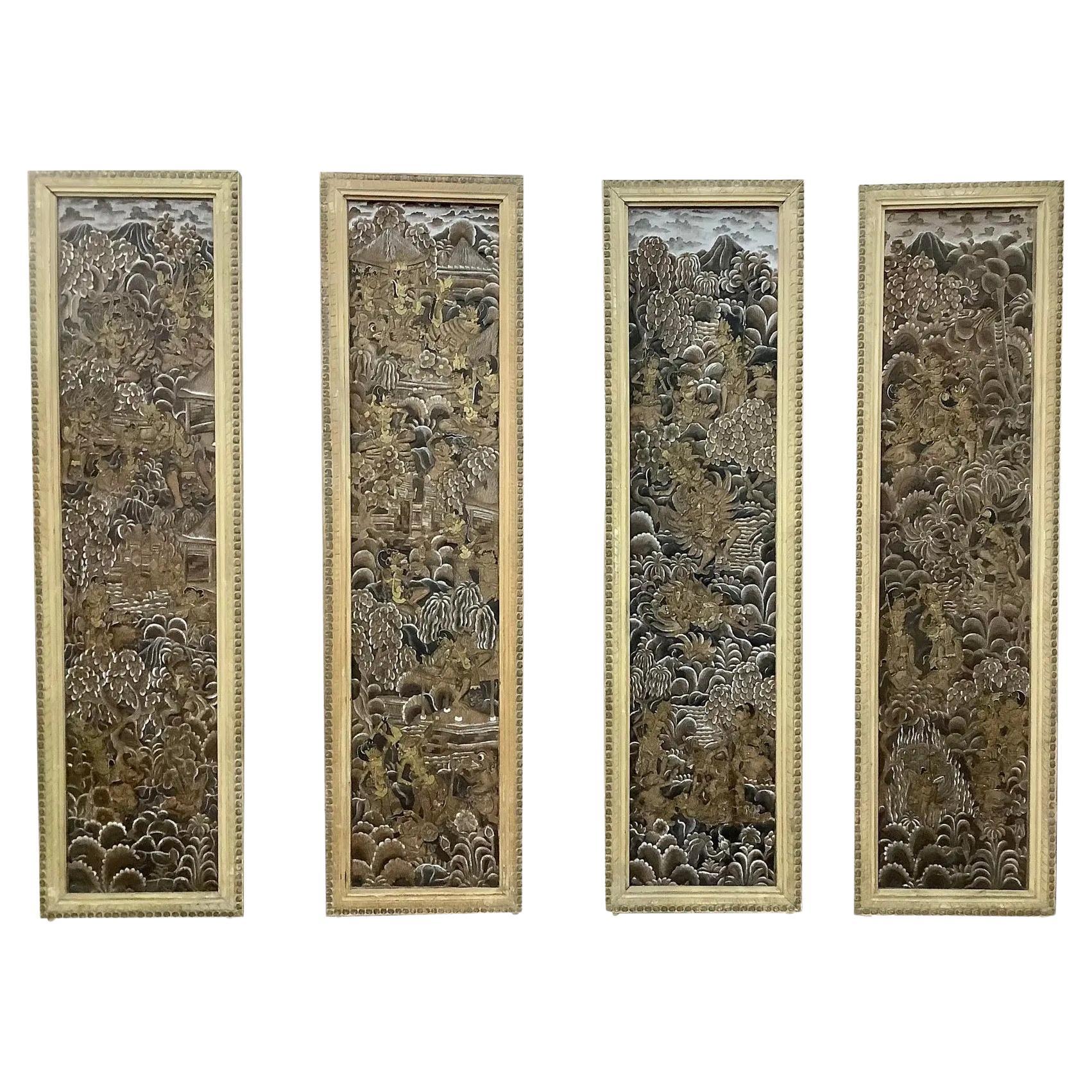 Antique Indonesian 4 Panel  Carved Painted and Giltwood Screen or Room Divider
