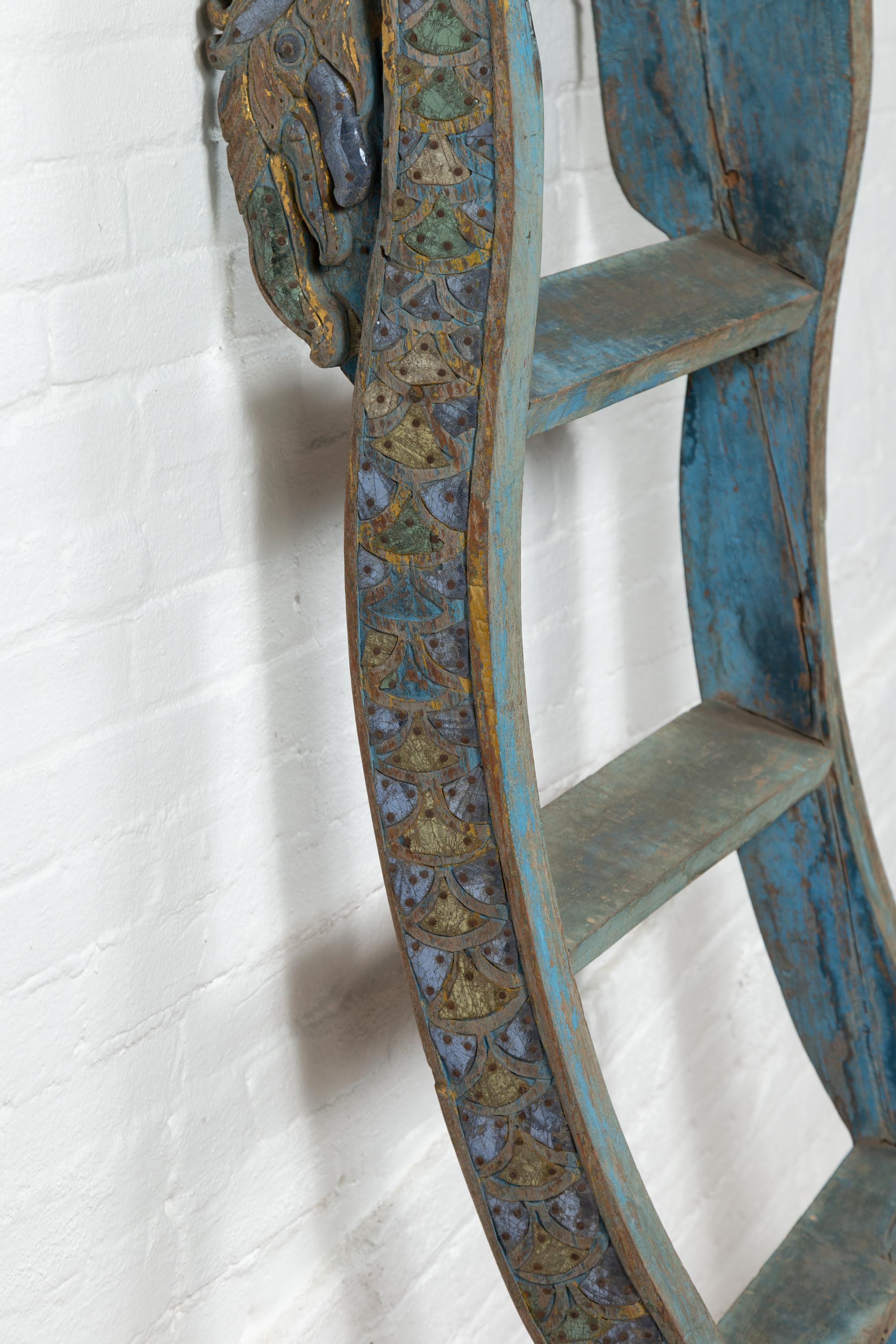 Antique Indonesian Blue Painted and Carved Ladder with Green and Gold Accents 7
