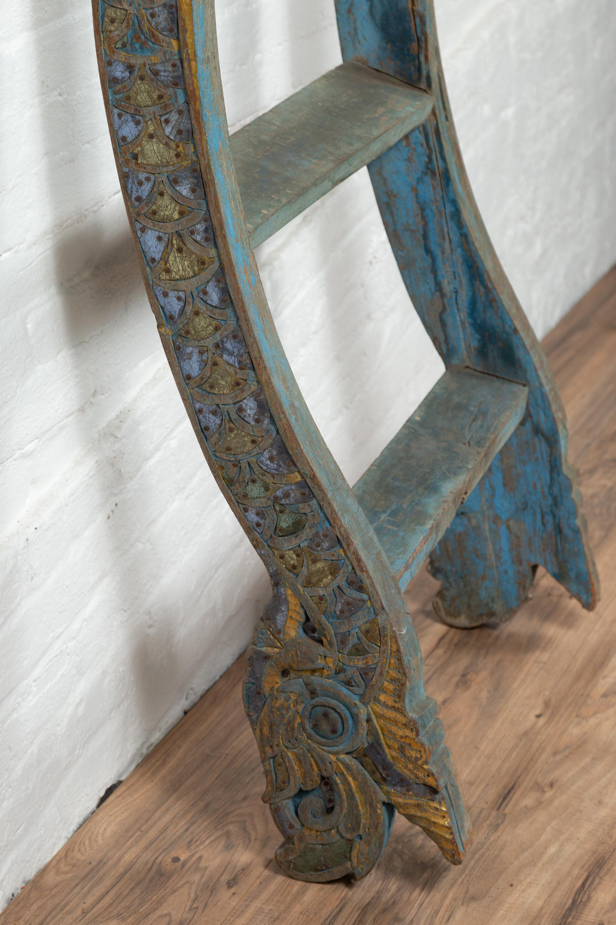 Antique Indonesian Blue Painted and Carved Ladder with Green and Gold Accents 8