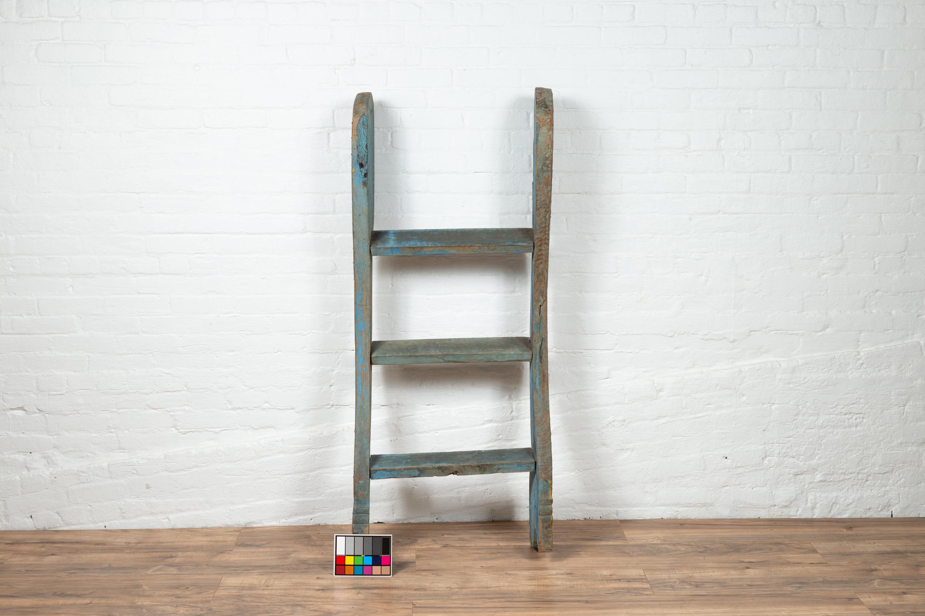 Antique Indonesian Blue Painted and Carved Ladder with Green and Gold Accents 9