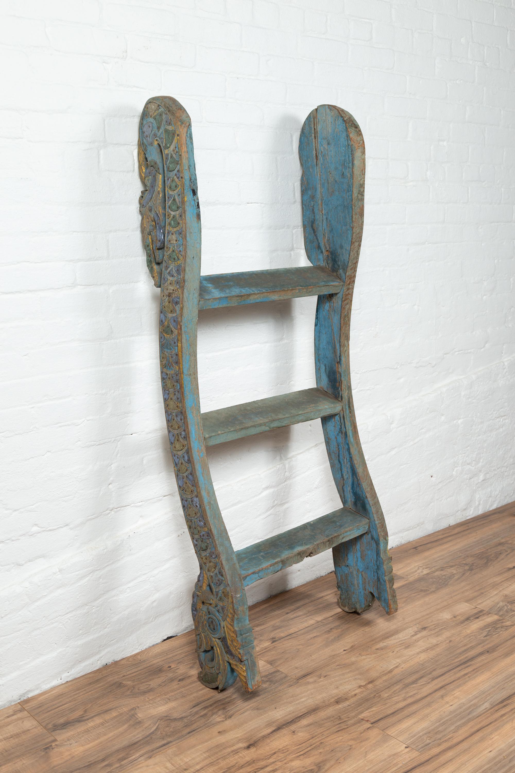 Antique Indonesian Blue Painted and Carved Ladder with Green and Gold Accents In Good Condition In Yonkers, NY