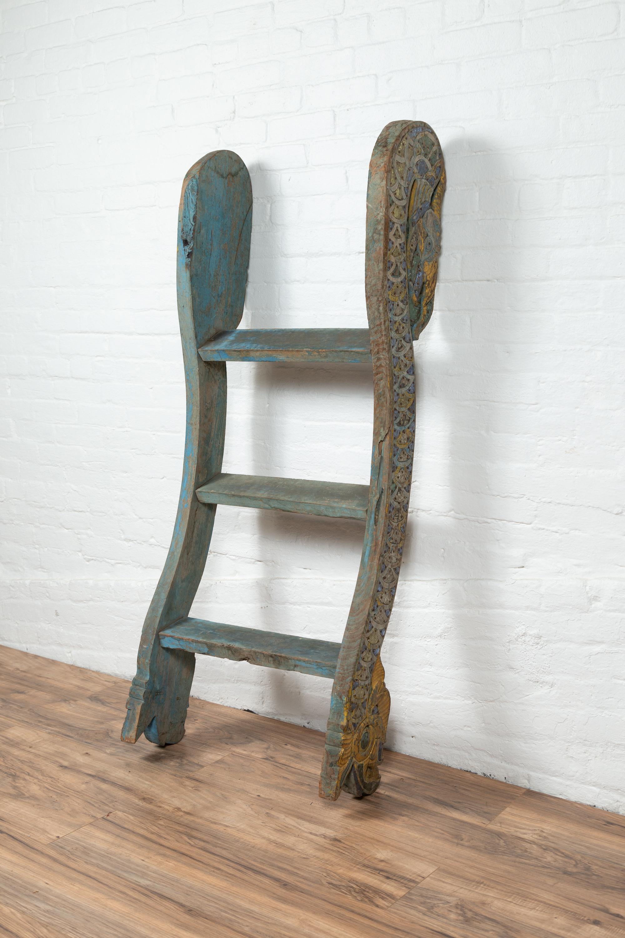 20th Century Antique Indonesian Blue Painted and Carved Ladder with Green and Gold Accents