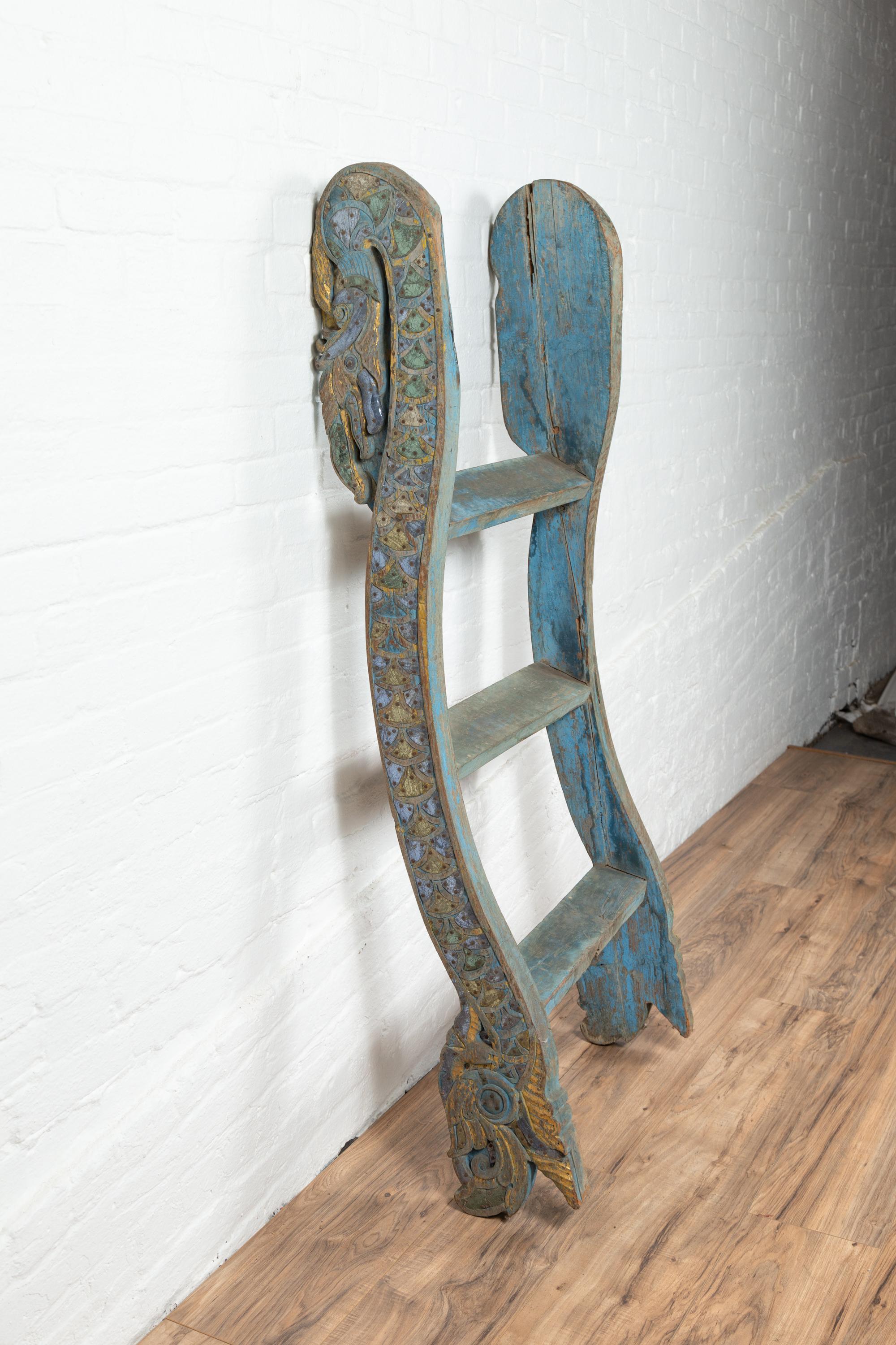 Wood Antique Indonesian Blue Painted and Carved Ladder with Green and Gold Accents