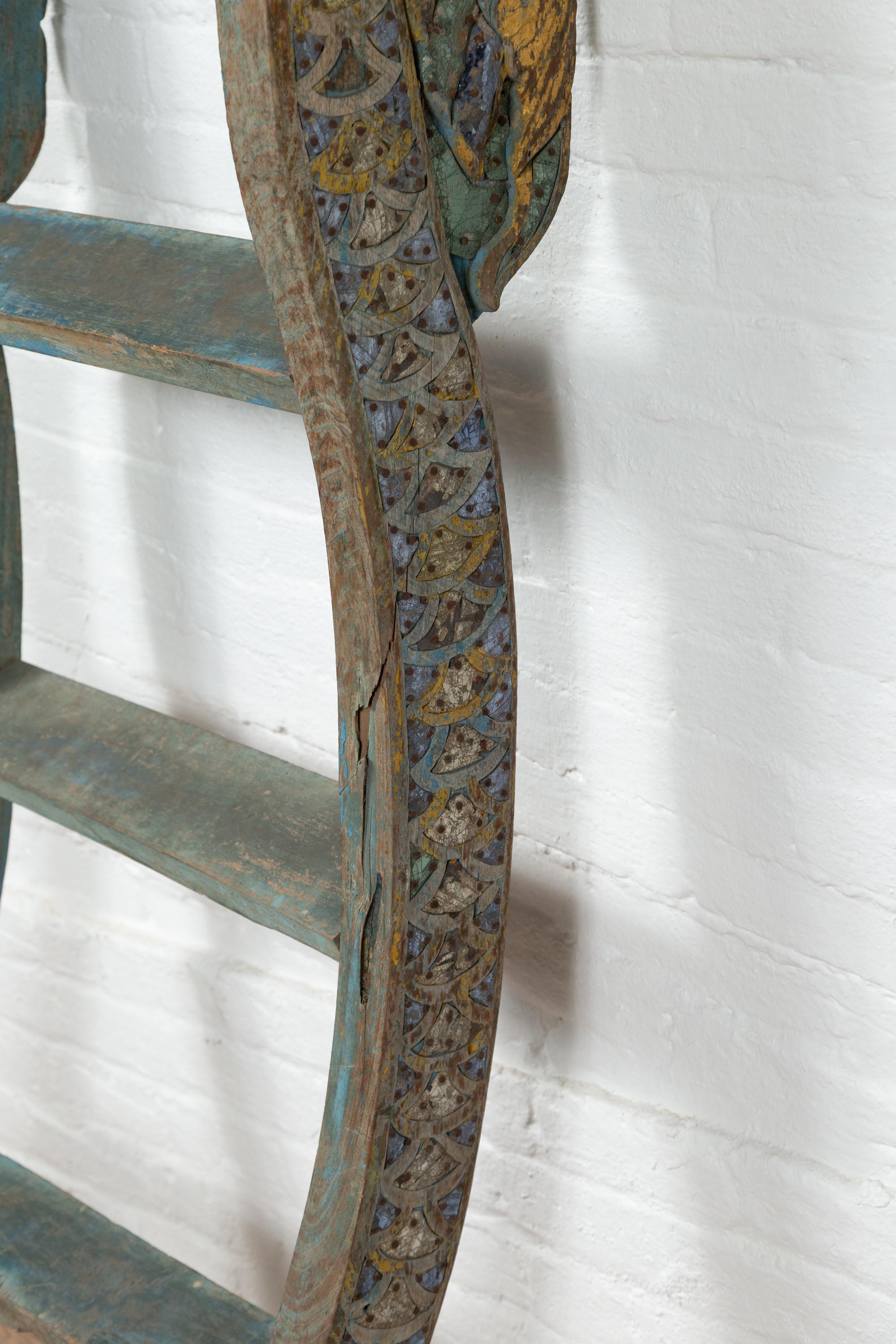 Antique Indonesian Blue Painted and Carved Ladder with Green and Gold Accents 3