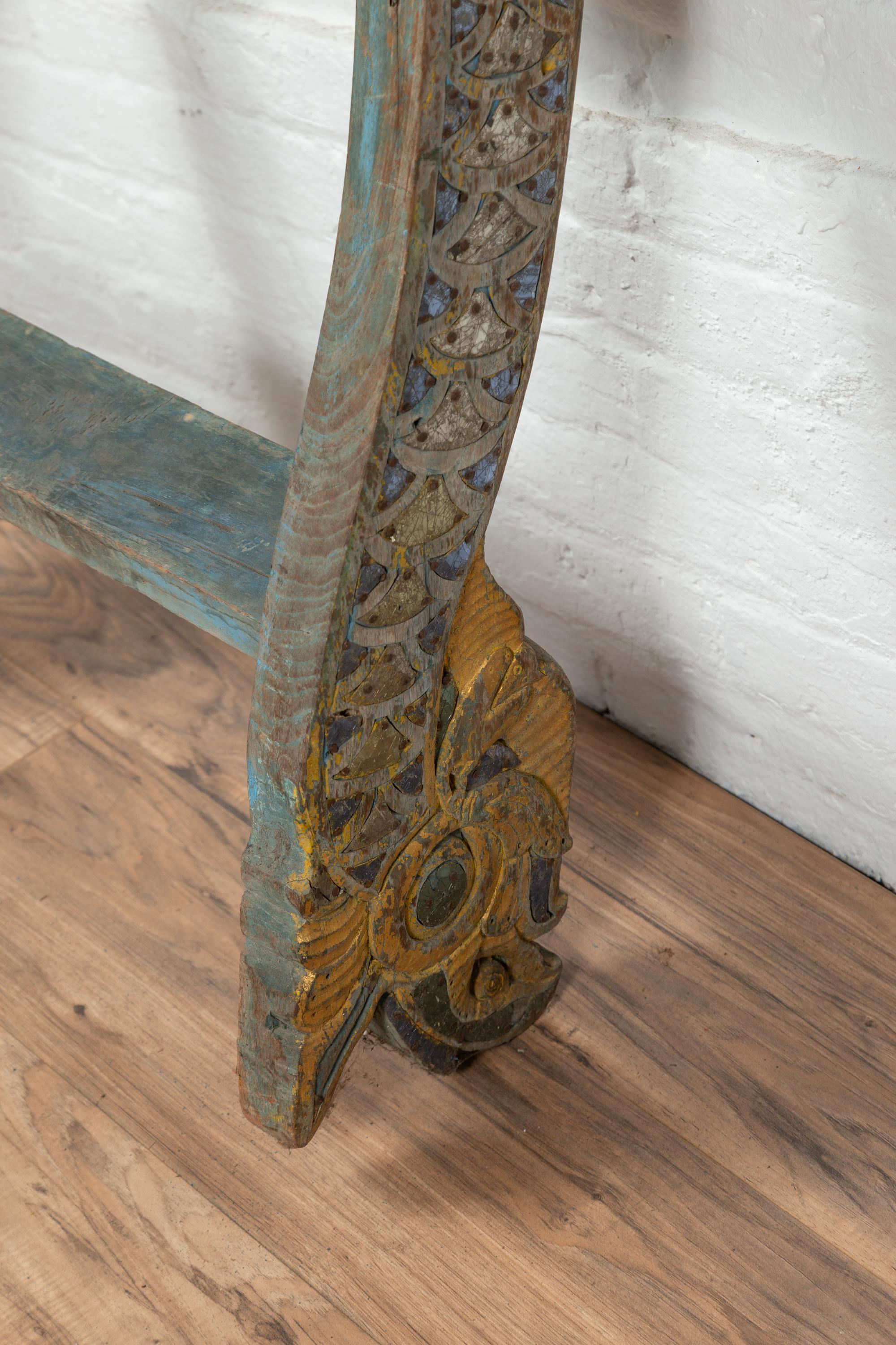 Antique Indonesian Blue Painted and Carved Ladder with Green and Gold Accents 4