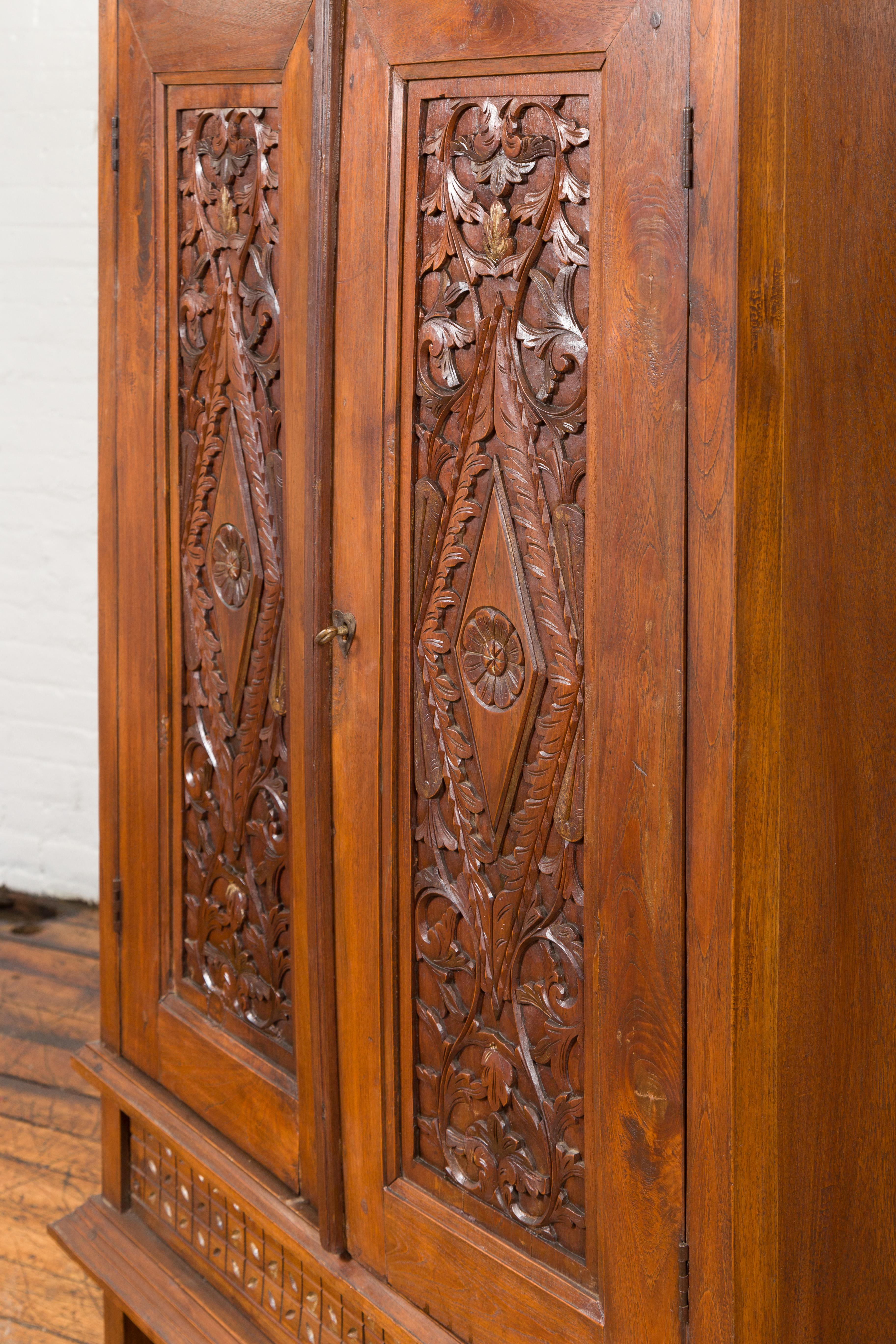 Antique Indonesian Cabinet with Carved Scrolling Foliage and Elongated Diamonds 7