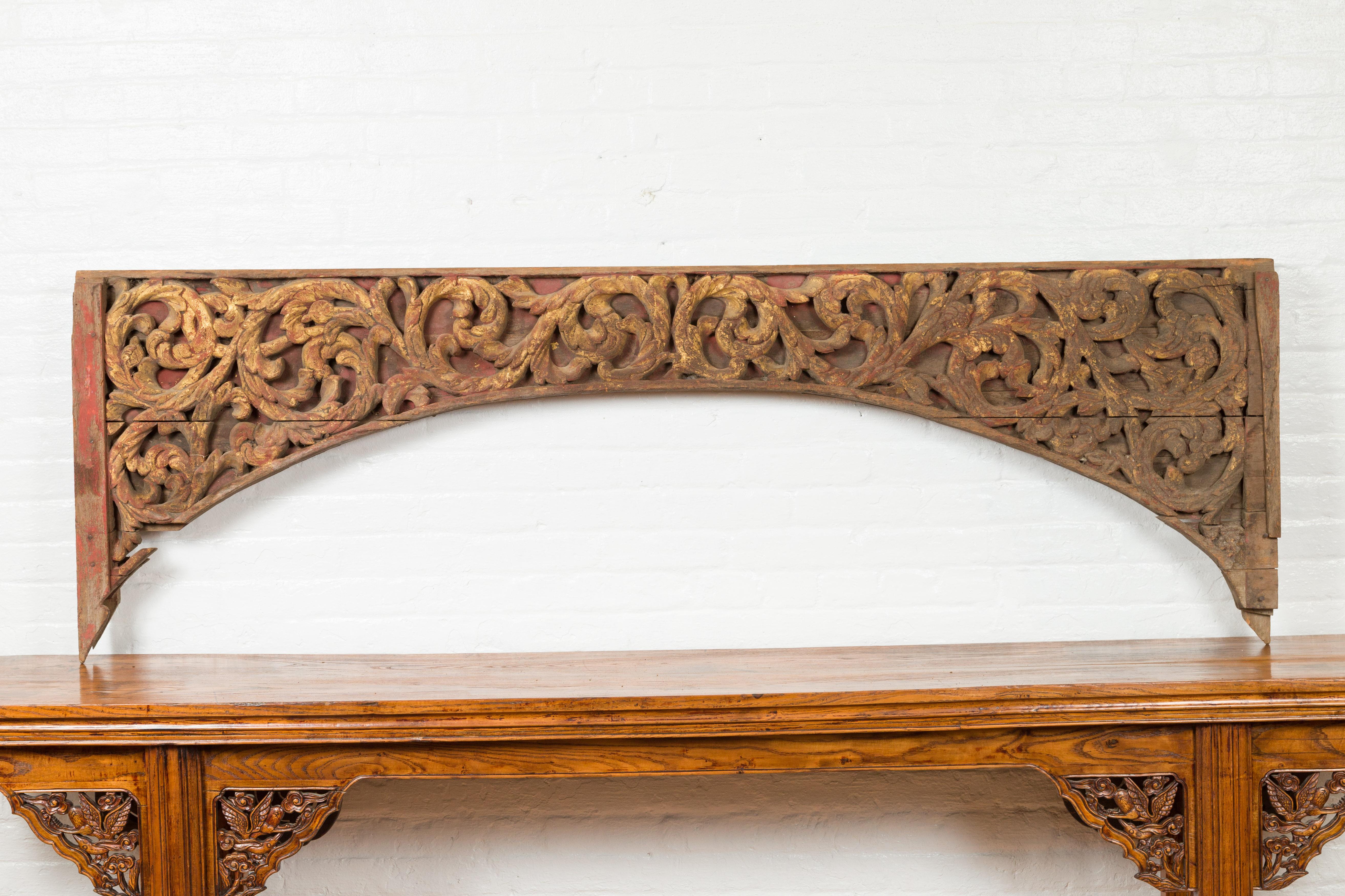 Antique Indonesian Carved and Painted Architectural Panel with Rinceaux Frieze In Good Condition For Sale In Yonkers, NY