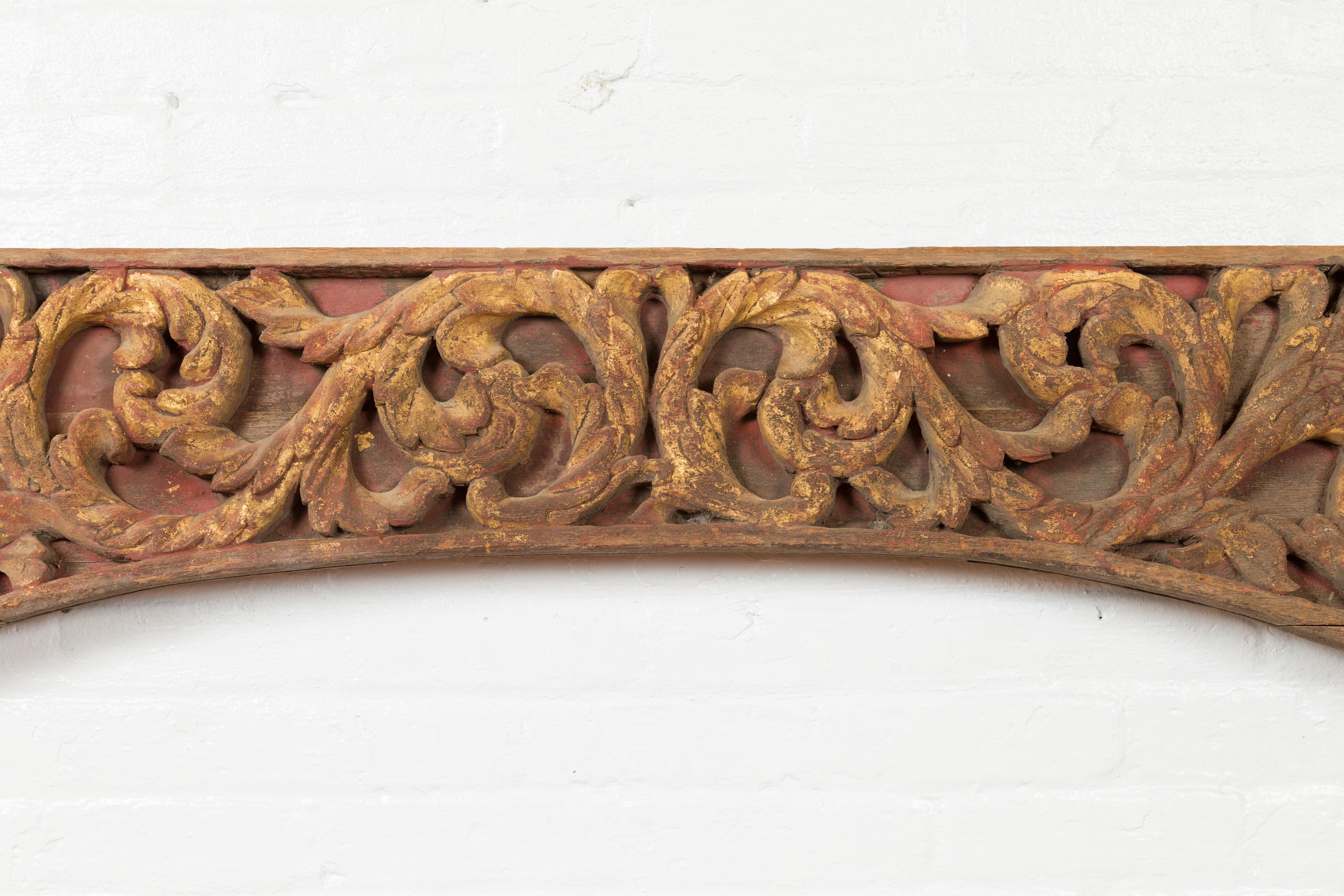 Wood Antique Indonesian Carved and Painted Architectural Panel with Rinceaux Frieze For Sale