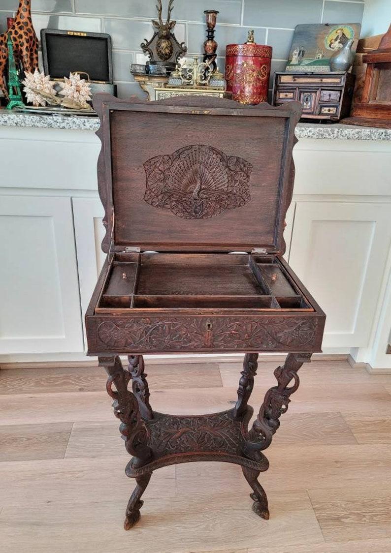 Antique Indonesian Carved Dragon and Peacock Sewing Table In Good Condition In Forney, TX