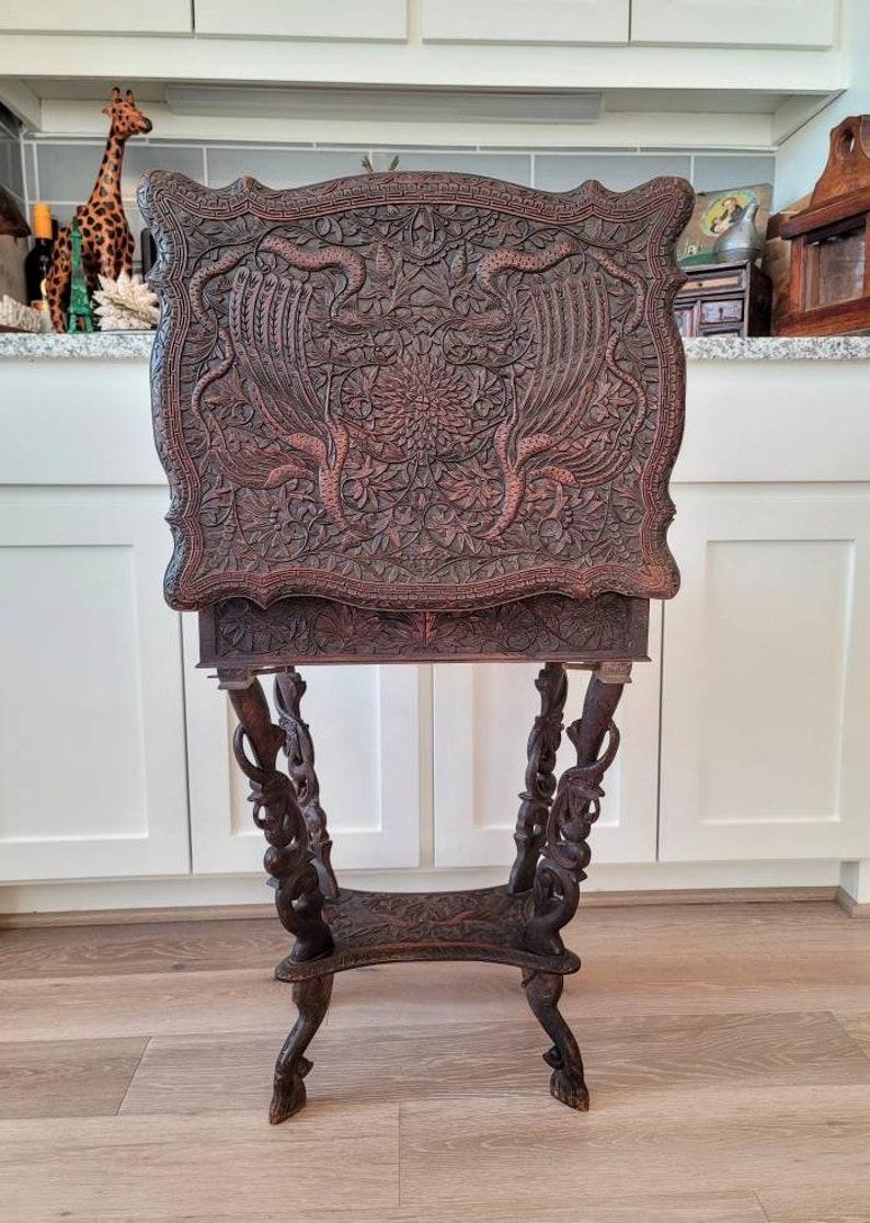 Wood Antique Indonesian Carved Dragon and Peacock Sewing Table
