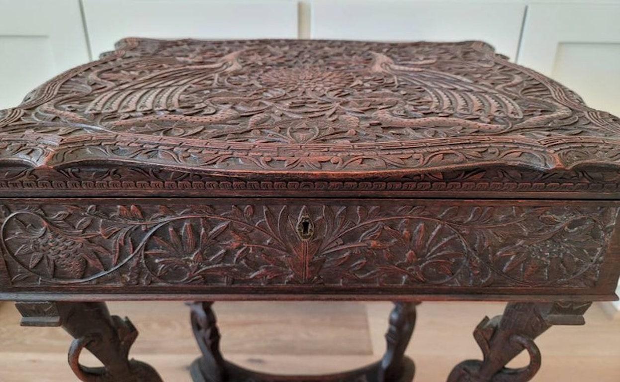 Antique Indonesian Carved Dragon and Peacock Sewing Table 1