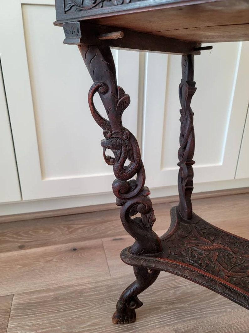 Antique Indonesian Carved Dragon and Peacock Sewing Table 2