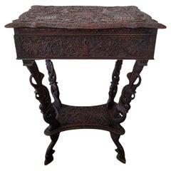 Antique Indonesian Carved Dragon and Peacock Sewing Table