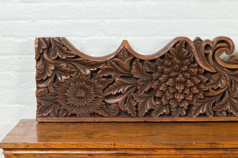 19th Century Antique Indonesian Carved Teak Architectural Panel with Floral and Foliage Decor For Sale