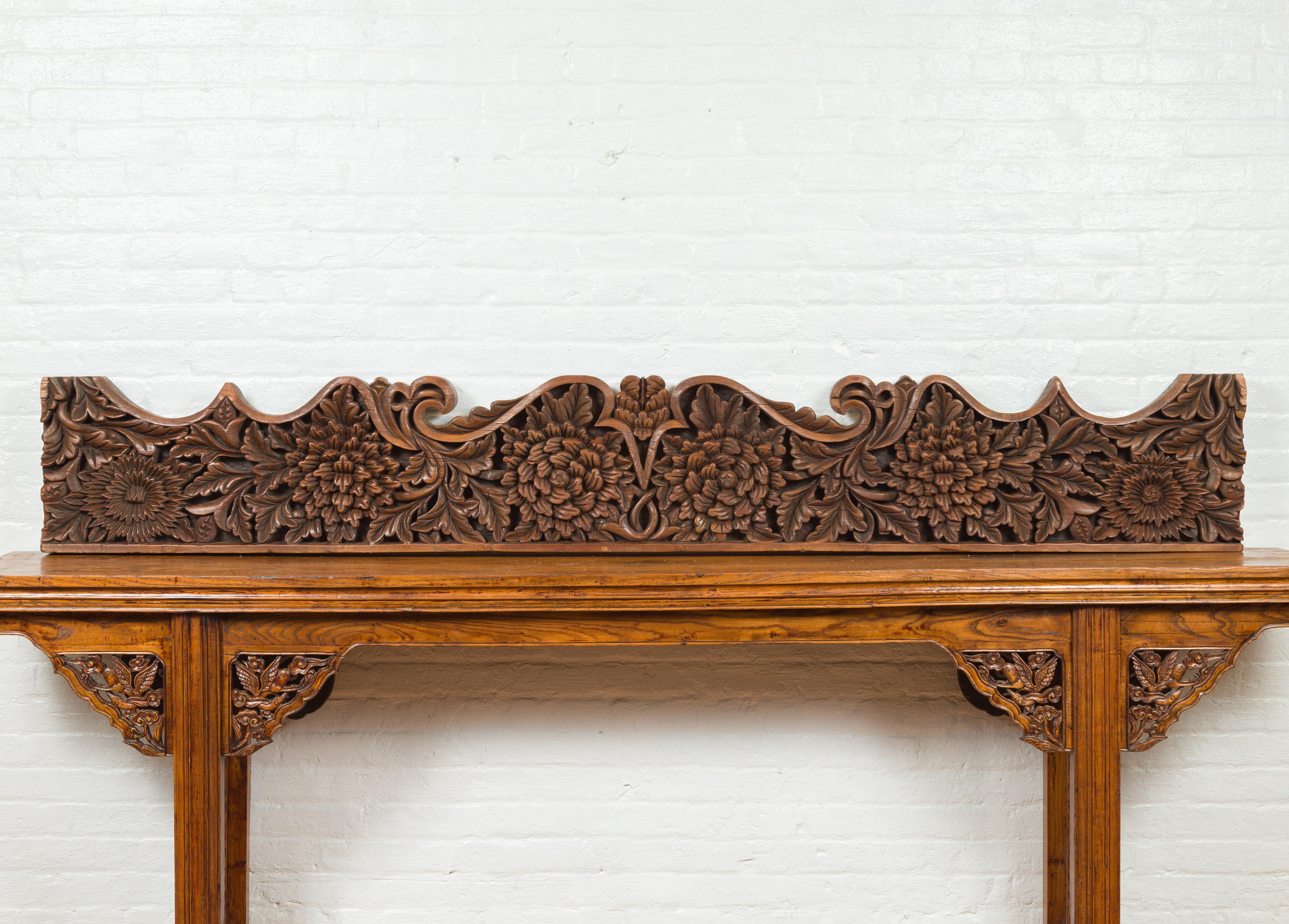 Antique Indonesian Carved Teak Architectural Panel with Floral and Foliage Decor For Sale 3
