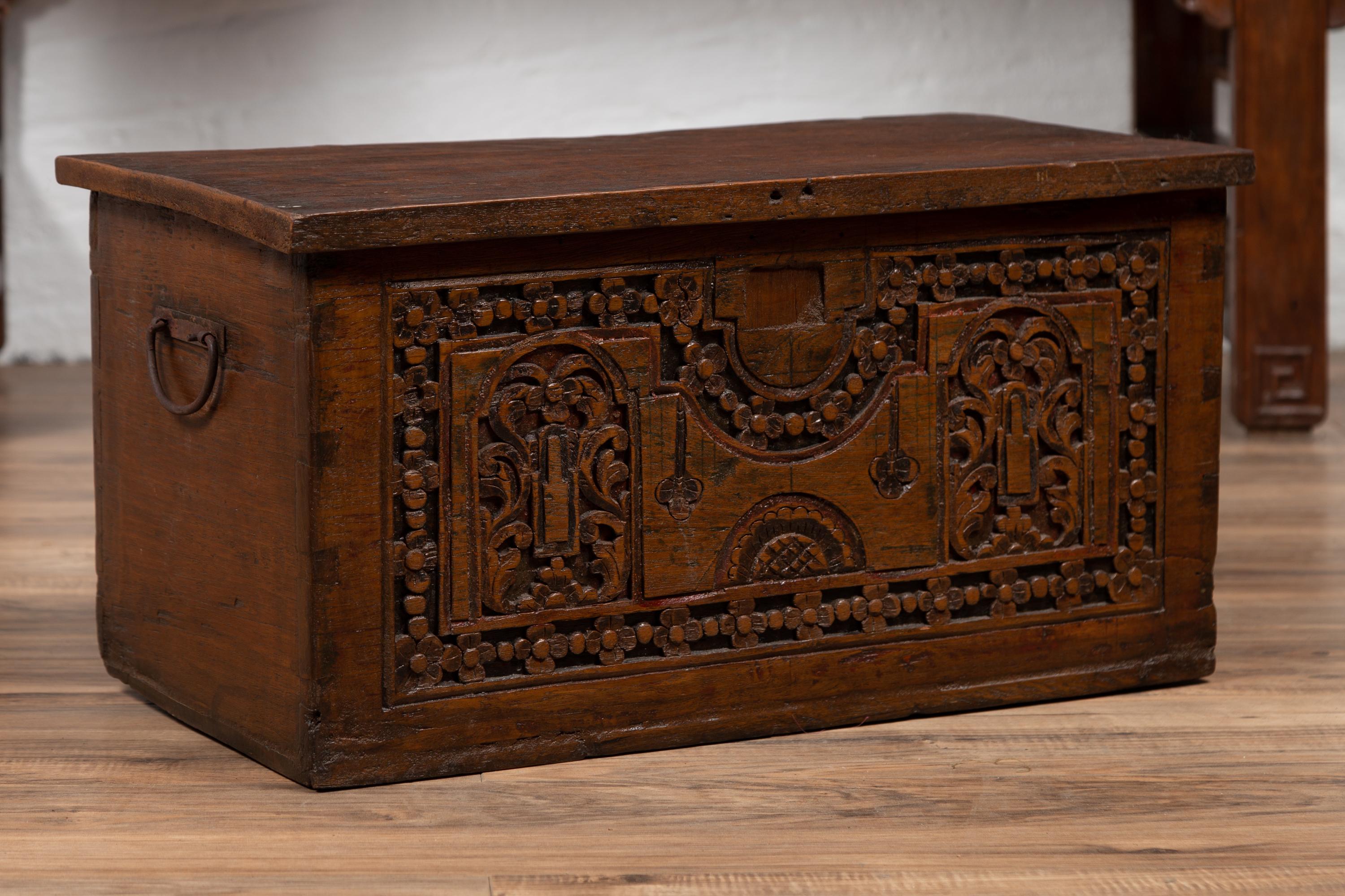 Antique Indonesian Decorative Wooden Box with Carved Flowers and Architecture For Sale 3