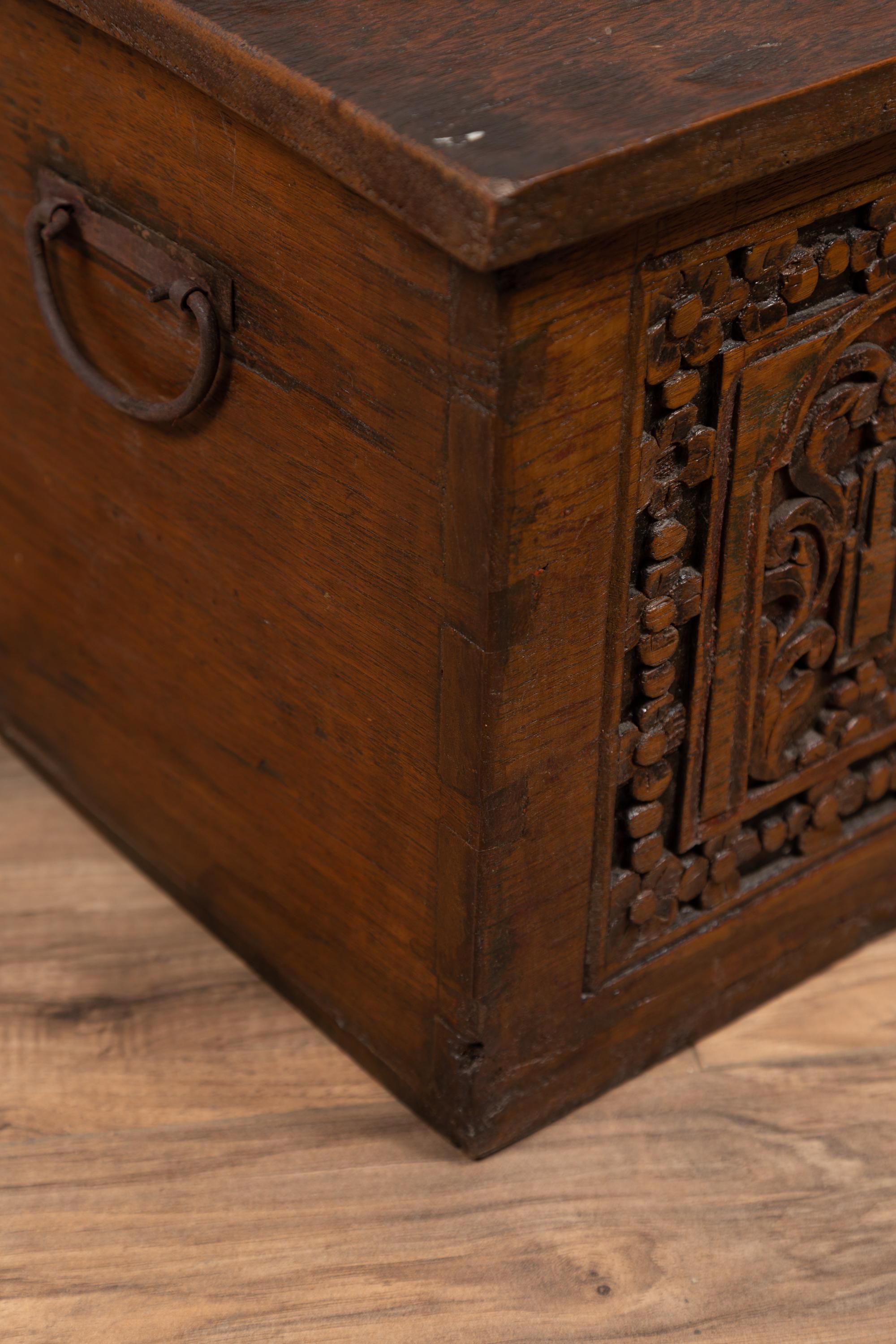 Antique Indonesian Decorative Wooden Box with Carved Flowers and Architecture For Sale 5