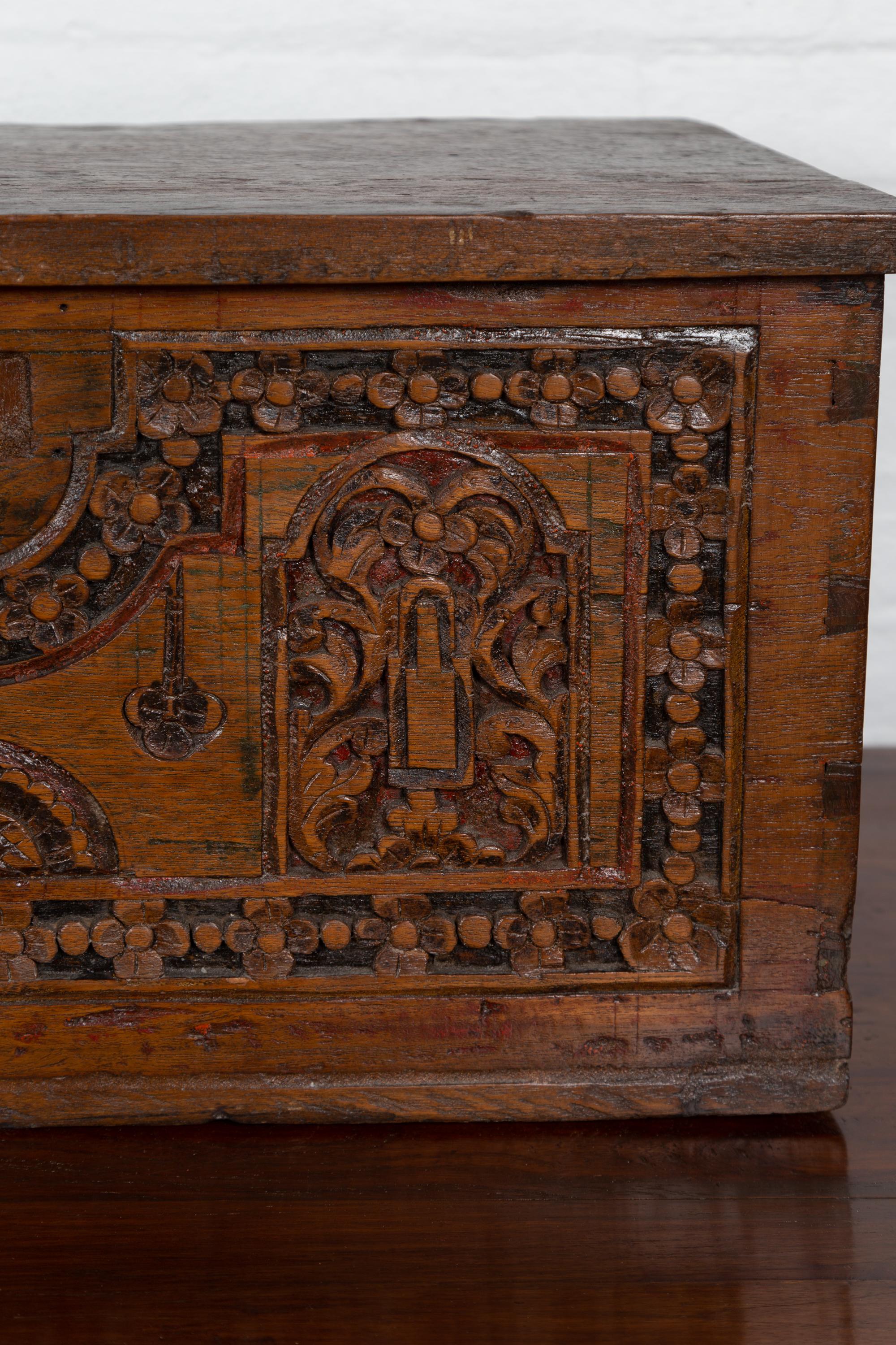 Antique Indonesian Decorative Wooden Box with Carved Flowers and Architecture In Good Condition For Sale In Yonkers, NY