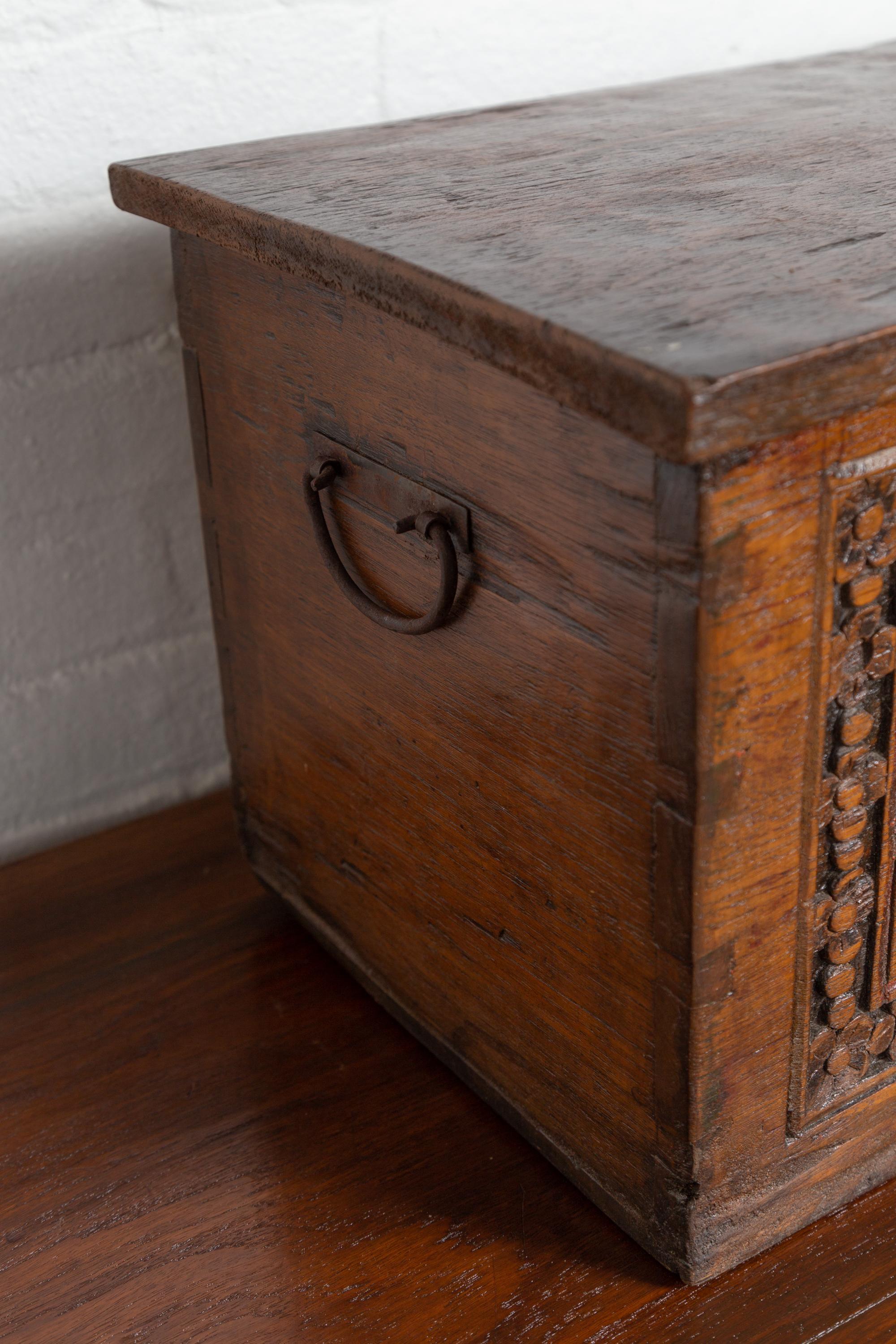20th Century Antique Indonesian Decorative Wooden Box with Carved Flowers and Architecture For Sale