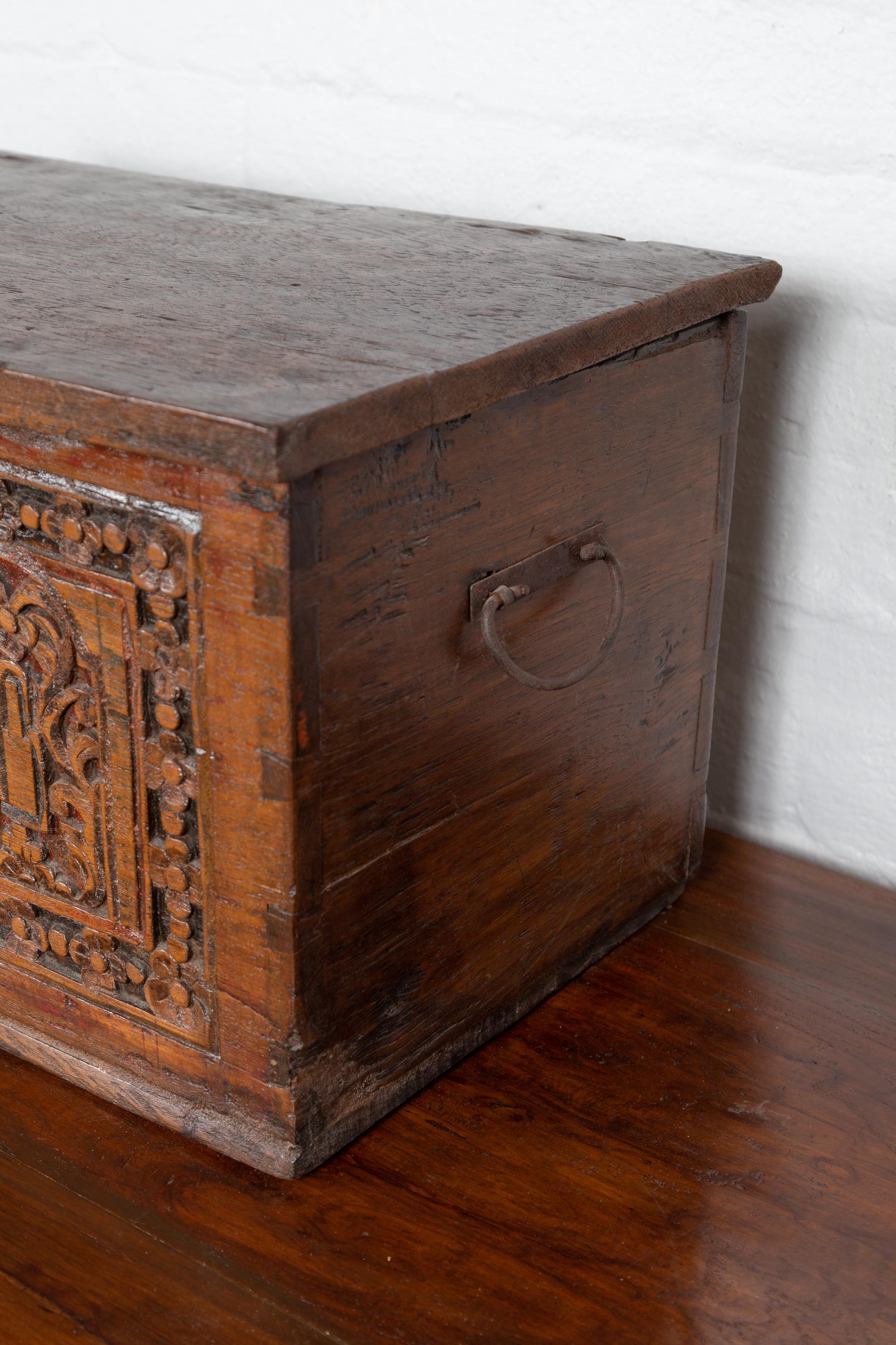 Antique Indonesian Decorative Wooden Box with Carved Flowers and Architecture For Sale 1