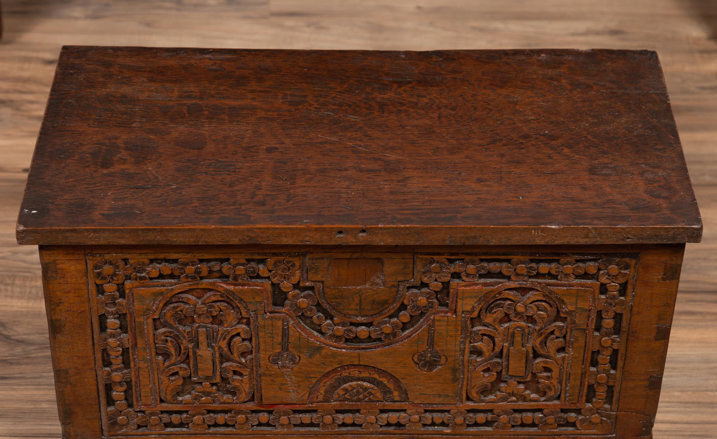 Antique Indonesian Decorative Wooden Box with Carved Flowers and Architecture For Sale 2