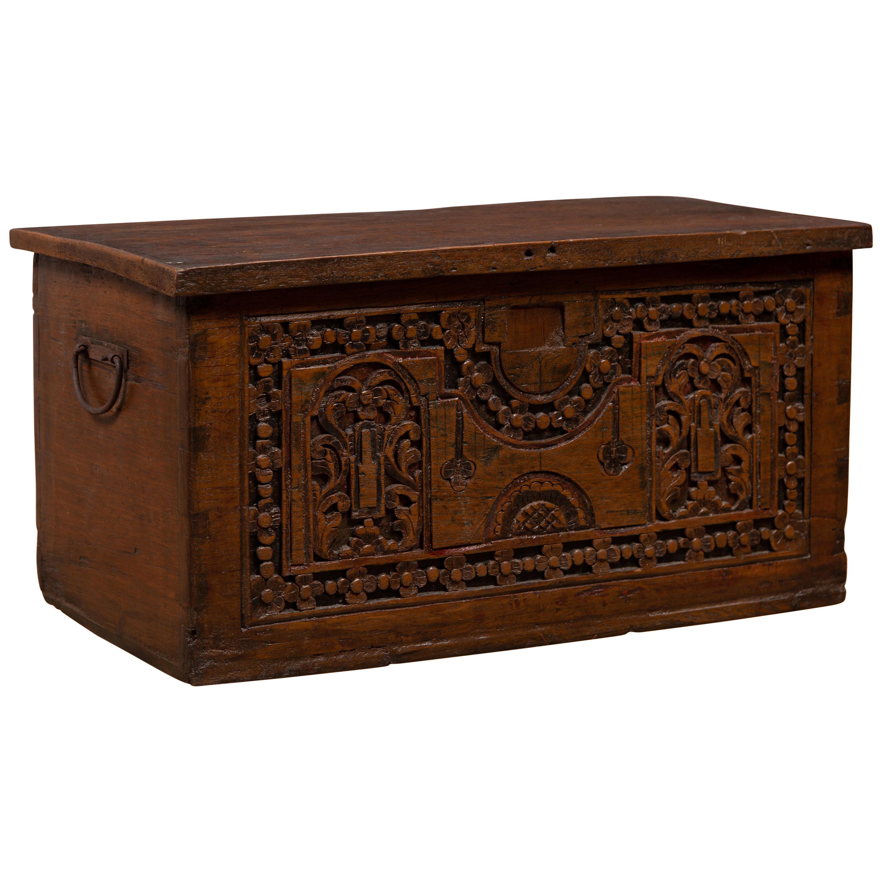 Antique Indonesian Decorative Wooden Box with Carved Flowers and Architecture