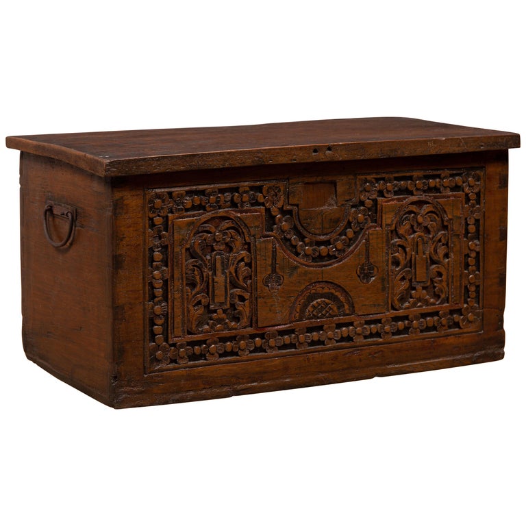 Antique Indonesian Decorative Wooden Box With Carved Flowers And