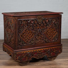 Antique Indonesian Hand Carved Blanket Chest with Polychrome Decor and Wheels
